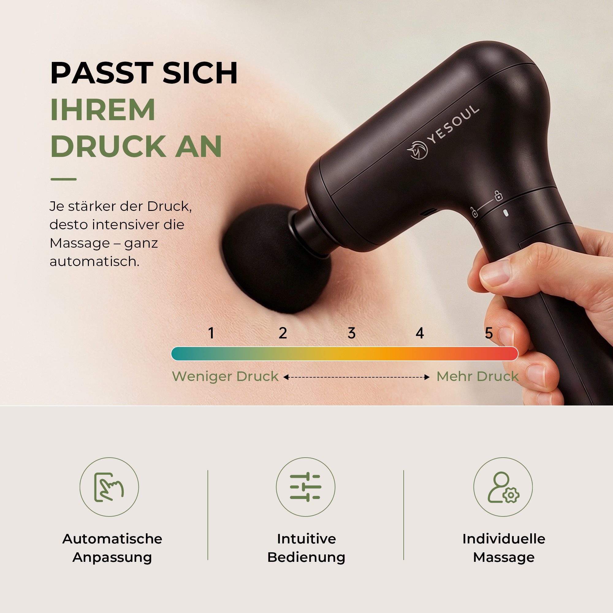 yesoul Massagepistole MG19, Druckfeedback, 5 Stufen, 4 Massageaufsätze, Verlängerungsarm, Massagepistolen-Set, 2-in-1: 100 × 50 × 250 mm, mit Verlängerungsarm 2 – Bild 4 von 5