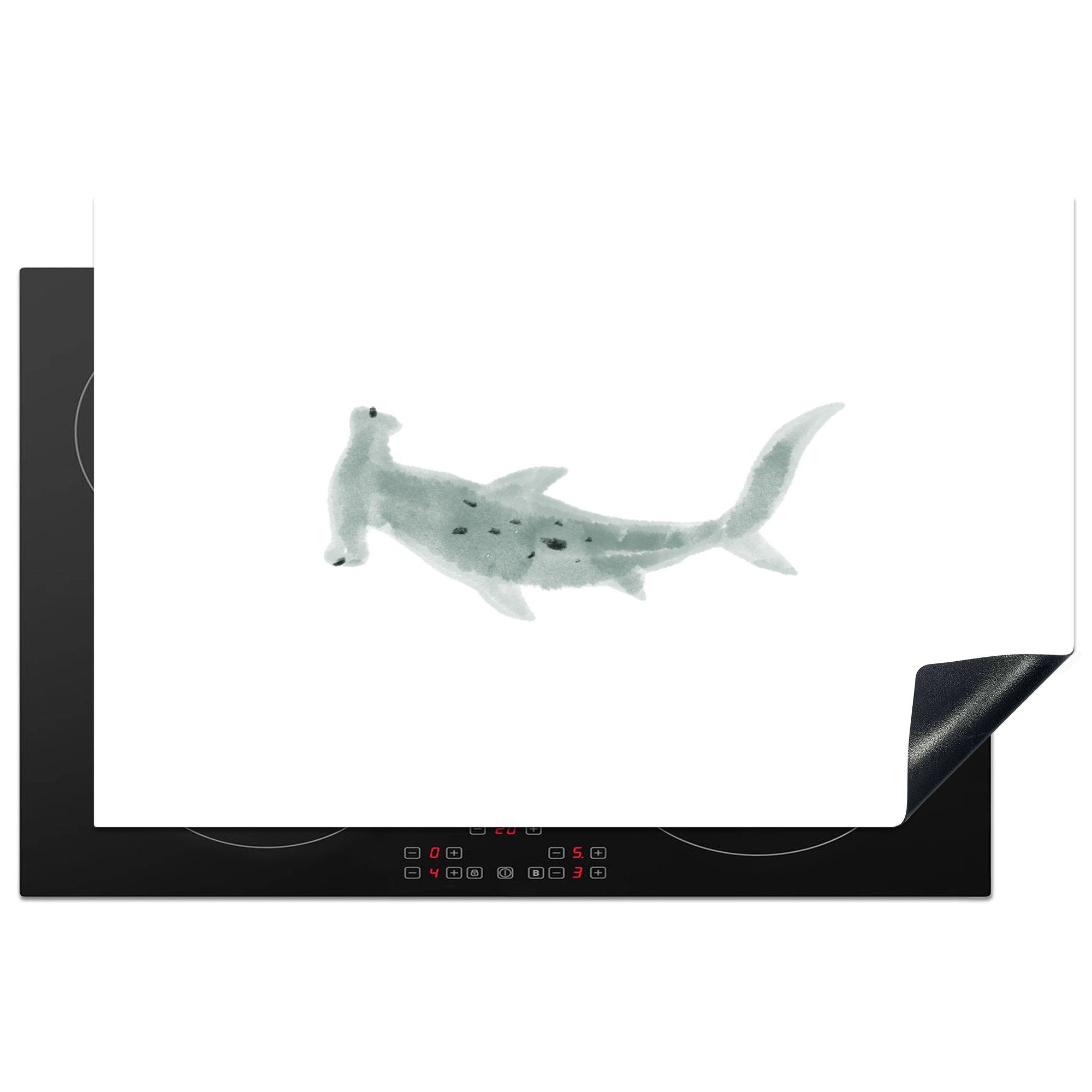 MuchoWow Herdblende-/Abdeckplatte Hai - Aquarell - Grau, Vinyl, (1 tlg), 81x52 cm, Induktionskochfeld Schutz für die küche, Ceranfeldabdeckung