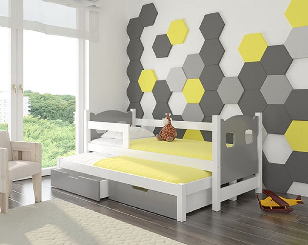 Feldmann-Wohnen Kinderbett CAMPOS (mit 2 Schlafgelegenheiten), Farbe wählbar Kiefer weiß / Absetzungen: grau