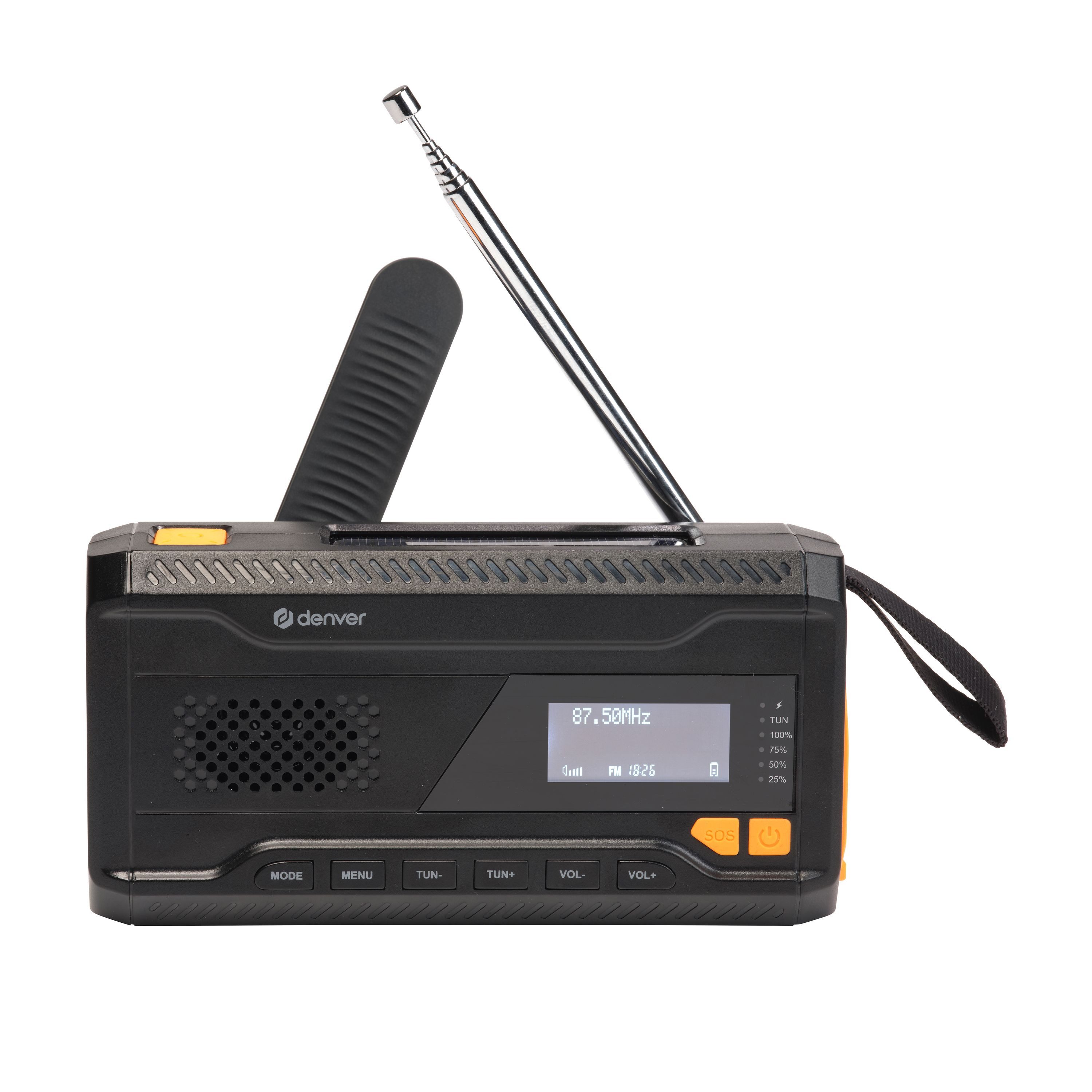 Denver SCD-2033 Radio (DAB+, FM, 30 DAB-/30 FM-Speicher, ASA-Alarm, SOS-Alarm, Taschenlampe, Teleskopantenne, Bluetooth, 2 W, Solar, Handkurbel, ASA-Sicherheitsalarm, Powerbank, 30+30 Presets)