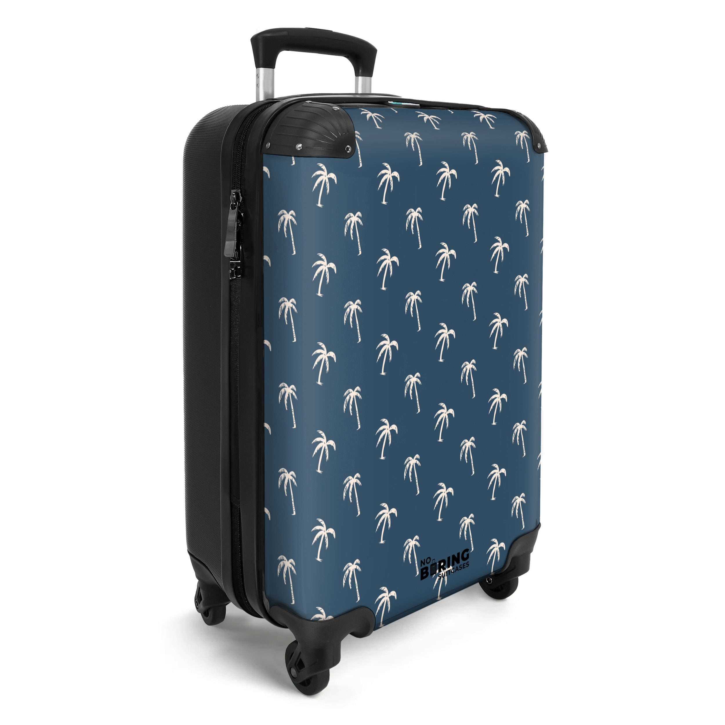 NoBoringSuitcases.com© Hartschalen-Trolley Blau mit beigem Palmenaufdruck günstig online kaufen