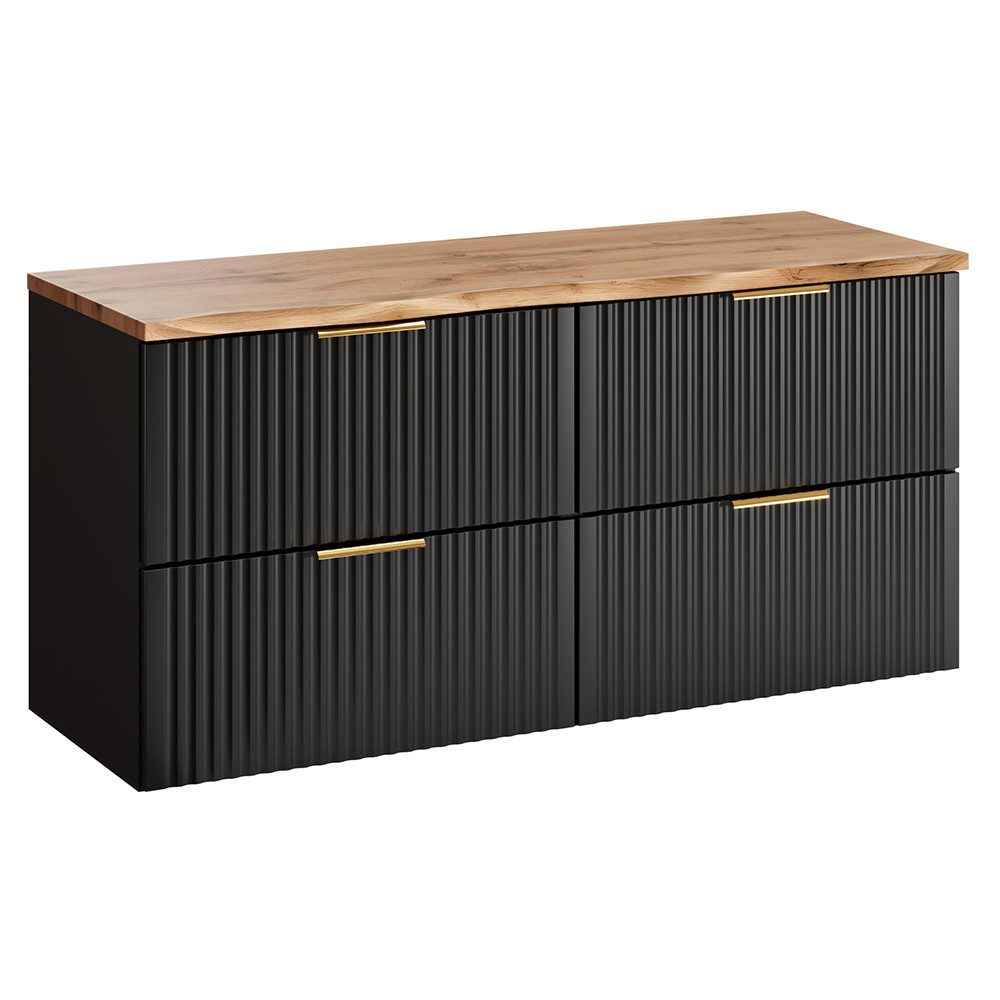 Lomadox Waschbeckenschrank ADELAIDE-56-BLACK 120 cm breit, schwarz mit Eiche, Baumkantenoptik, gerillte Front