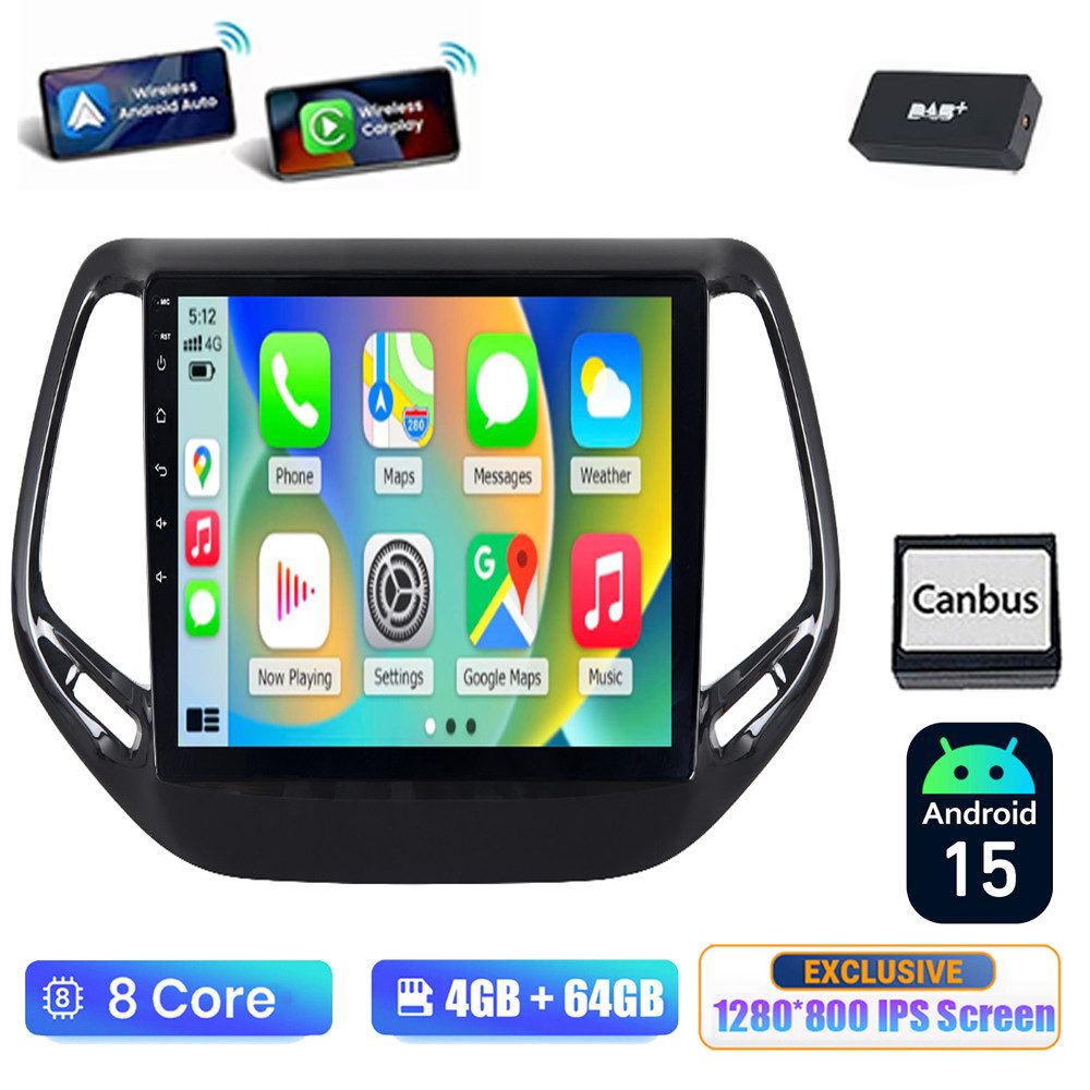 A-Sure Für Jeep Compass 2017-2020 Carplay GPS Bluetooth 5.0 WIFI 8-CORE NAVI Autoradio (Digitalradio (DAB), FM)