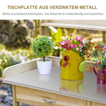 Outsunny Pflanztisch mit verzinkter Arbeitsplatte (Arbeitsplatte, 1-St., Gärtnertisch), für Garten, Balkon, Naturholz