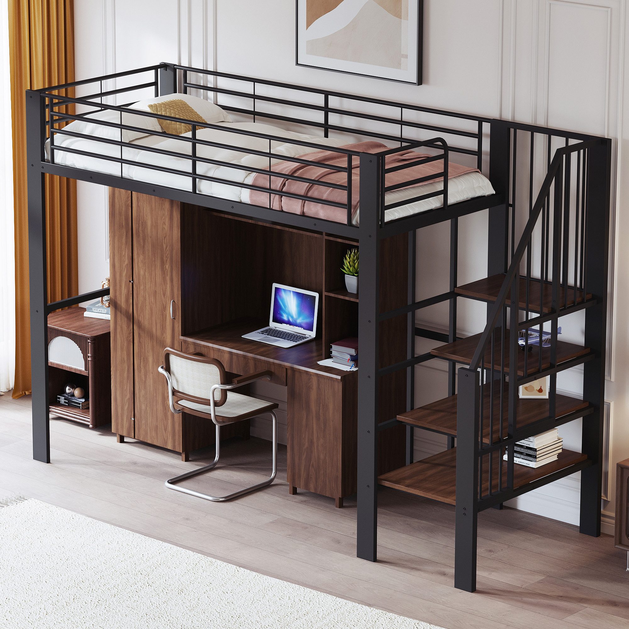 Flieks Hochbett Metallbett Kinderbett 90x200cm mit großen Stauraum und Treppe