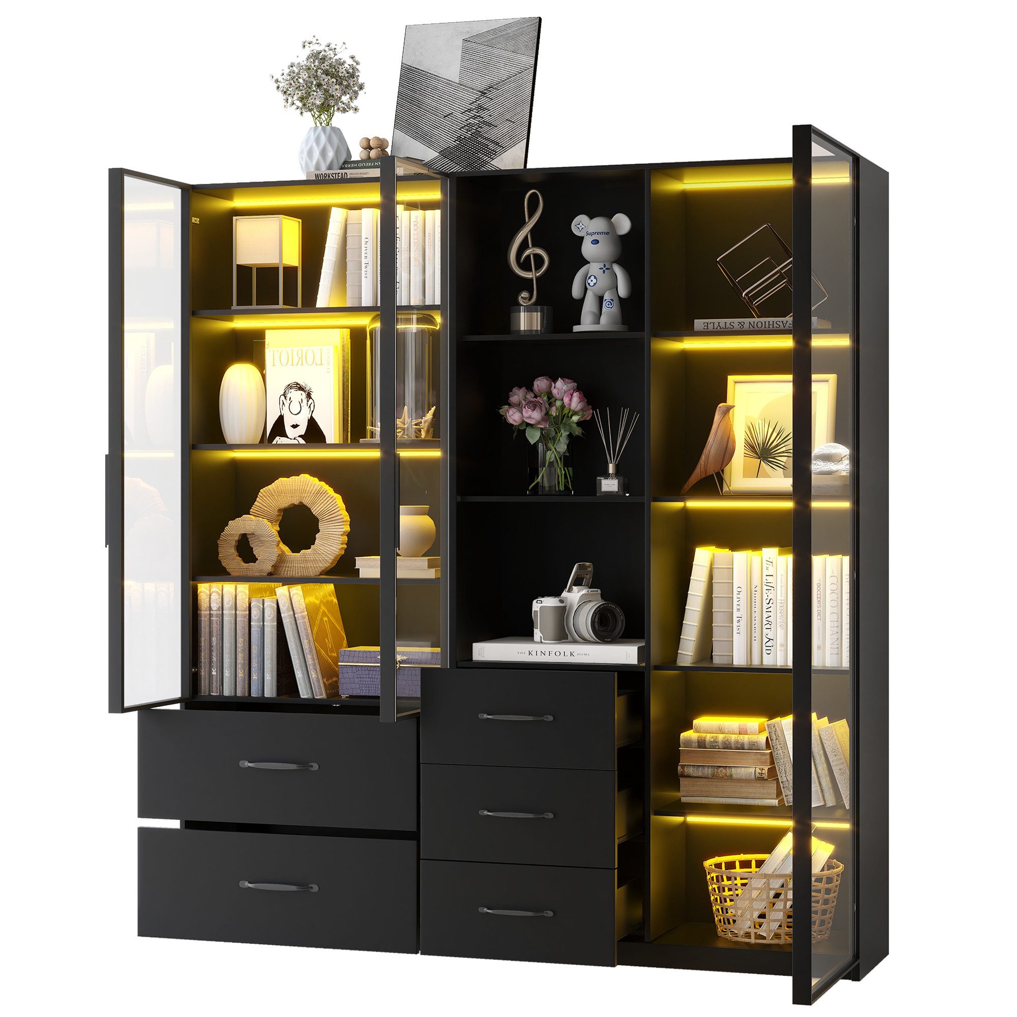 Flieks Vitrine Glasvitrine mit LED-Beleuchtung, 5 Schubladen und 3 Glastüren (1-St., B140/T40/H160 cm) Hochschrank Bücherregal Multifunktionsschrank mit Fächern Schwarz