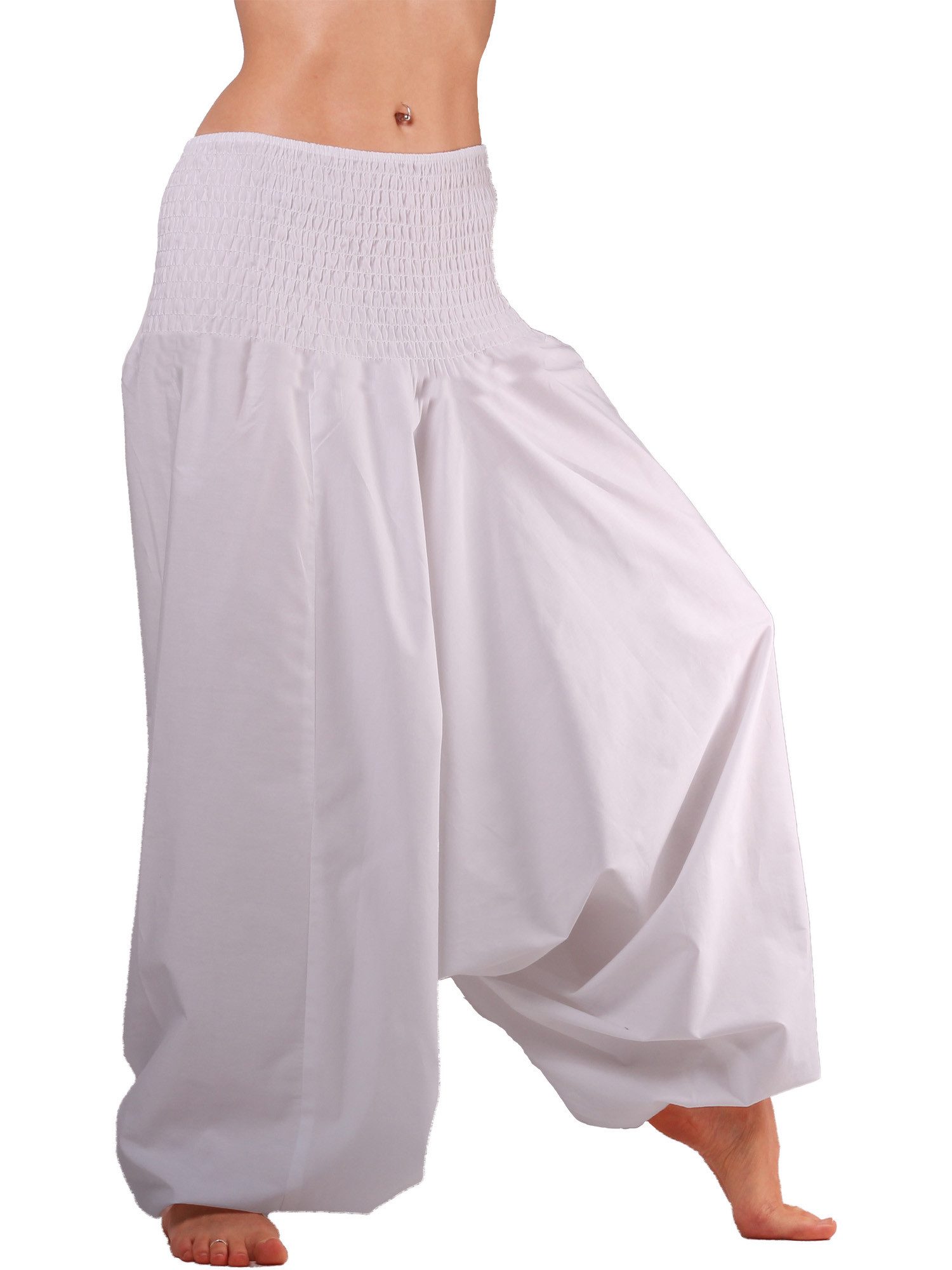 Leucht-Welten Haremshose Aladinhose, Haremshose mit tiefem Schritt, Muckhose Weiß Pumphose aus Baumwolle