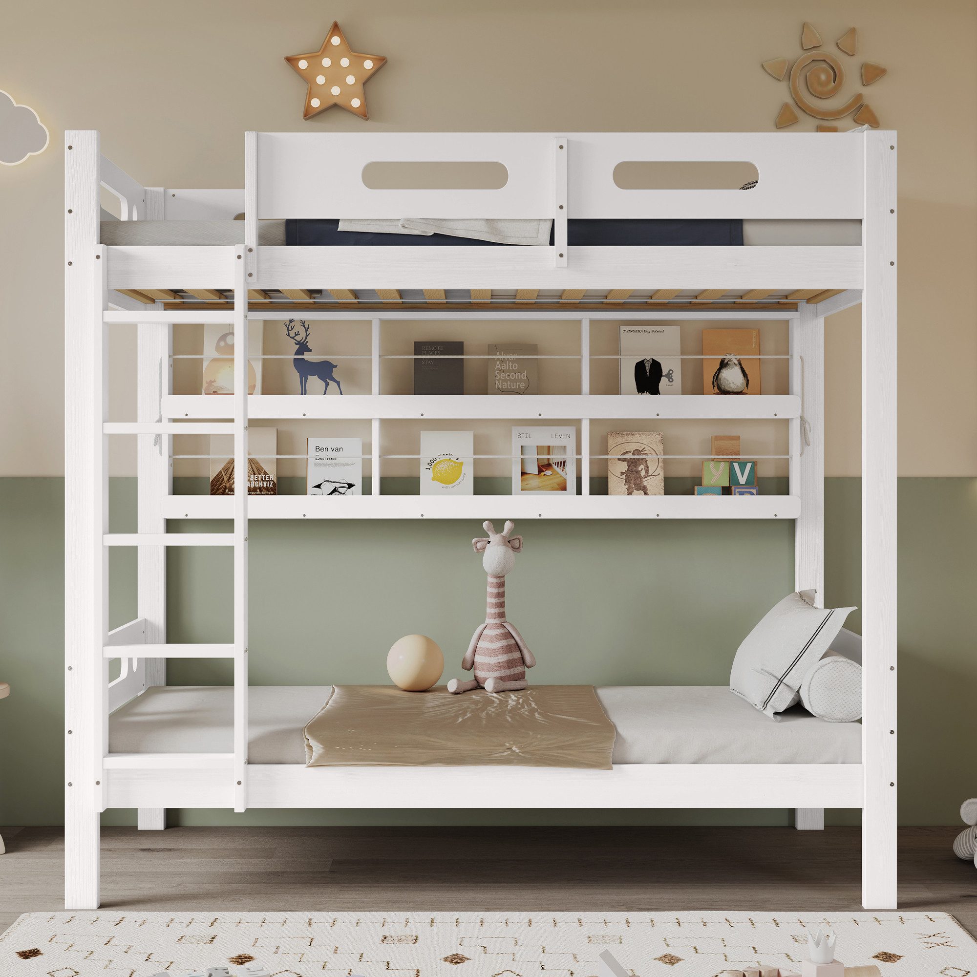 Merax Etagenbett (Jugendbett Stockbett, 1-St), Kiefer Kinderbett 90x200cm mit offenen Regalen, Leiter und Stauraum