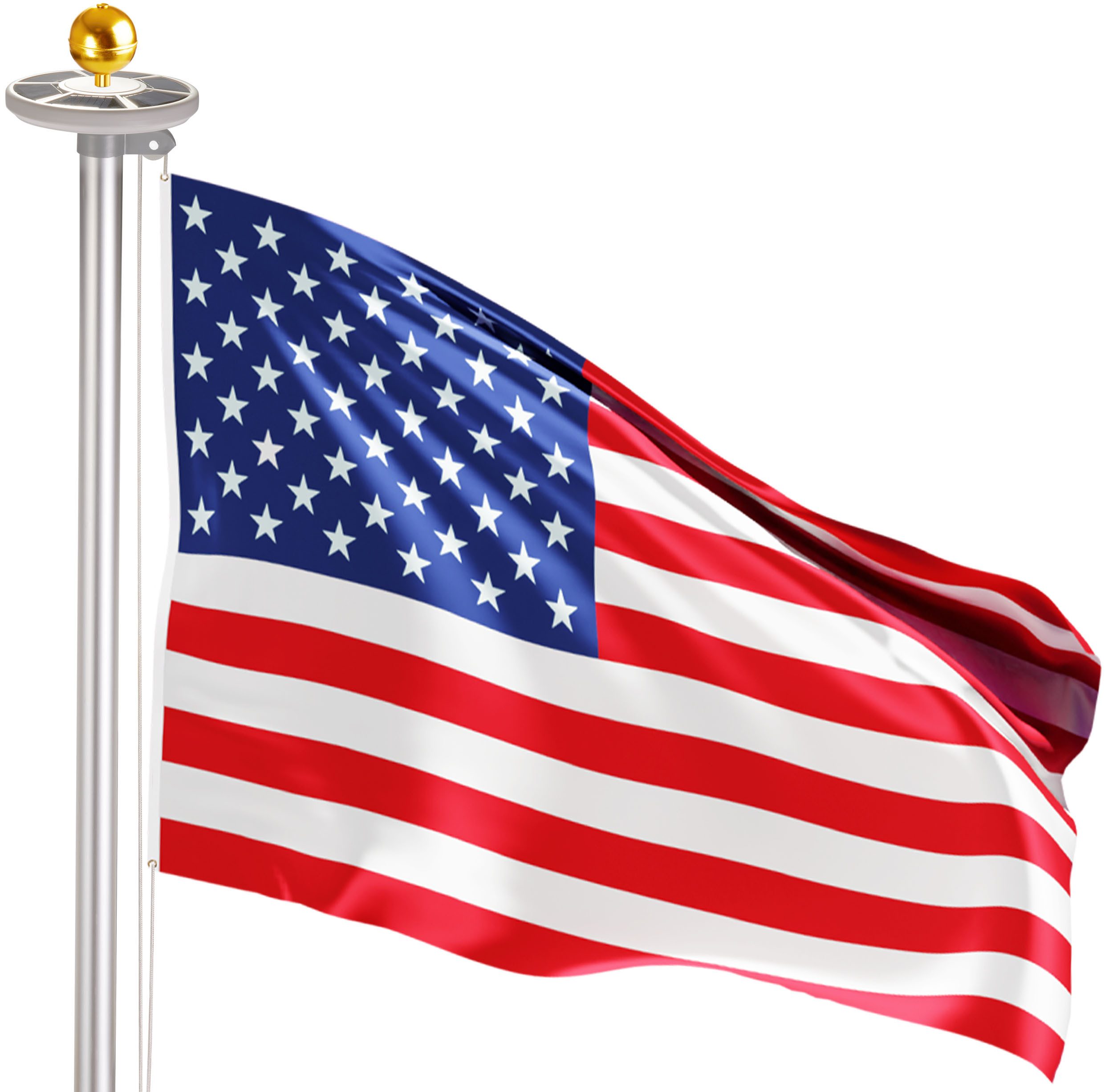 BRUBAKER Fahnenmast Aluminium Fahnenmast inkl. USA Flagge, LEDs und Kugelspitze Gold, (Solar-Licht All-In-One Set), Flaggenmast mit Amerikafahne und Bodenhülse