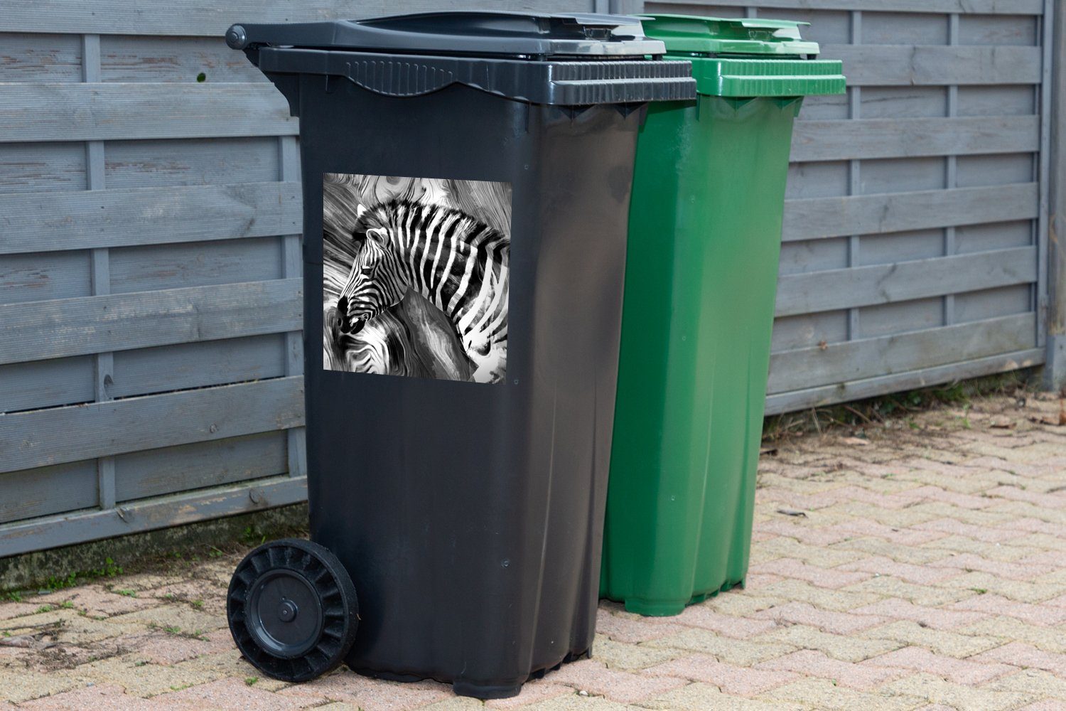 MuchoWow Wandsticker Gemälde St), - - (1 - - Sticker, - Abfalbehälter Tiere Ölfarbe Container, Mülltonne, Zebra Mülleimer-aufkleber, Weiß Schwarz