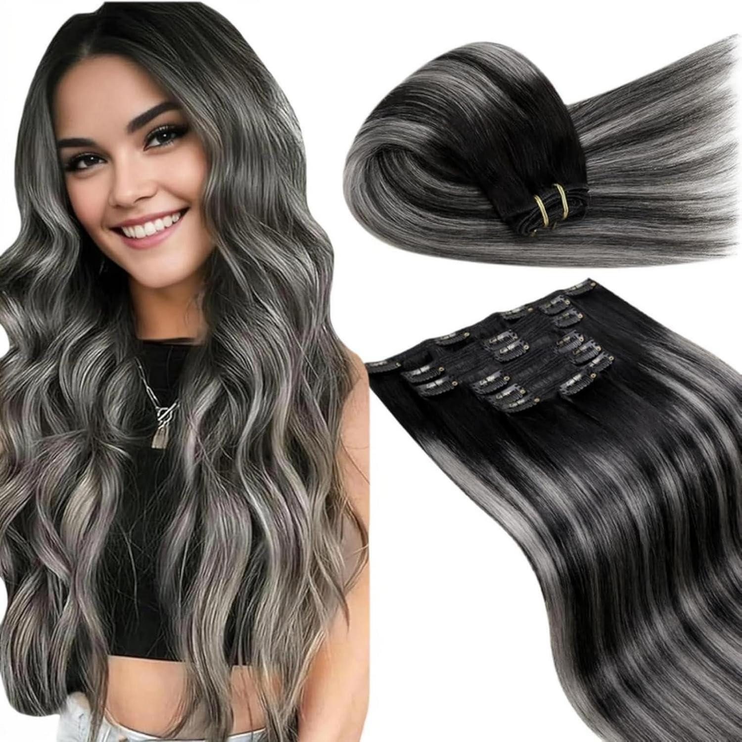 Echthaar-Extension Clip In Extensions Echthaar Remy Ombre 55cm-7PCS-150G 3.4#1b s 1b