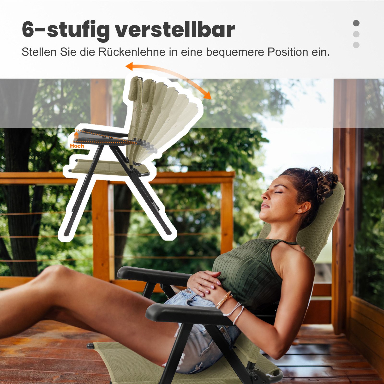 HOMECALL Klappstuhl Hochlehner Campingstuhl Gartenstuhl Gepolstert Faltstuhl Balkonstuhl (150 KG Belastbar Erstellbare Kopfstutze Anglerstuhl,Groß und Hoch, 2 S – Bild 4 von 5