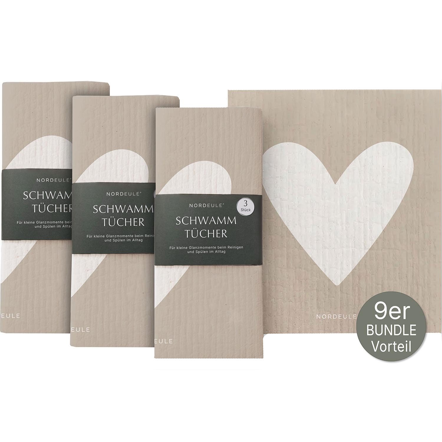 NORDEULE Schwammtücher im 9er Set Herz Reinigungstücher (70 % Holz-Baumwolle, 30 % Baumwolle, Spar-Set, 3 x 3 Stück, ideale kleine Geschenkidee Mitbringsel Wichteln)