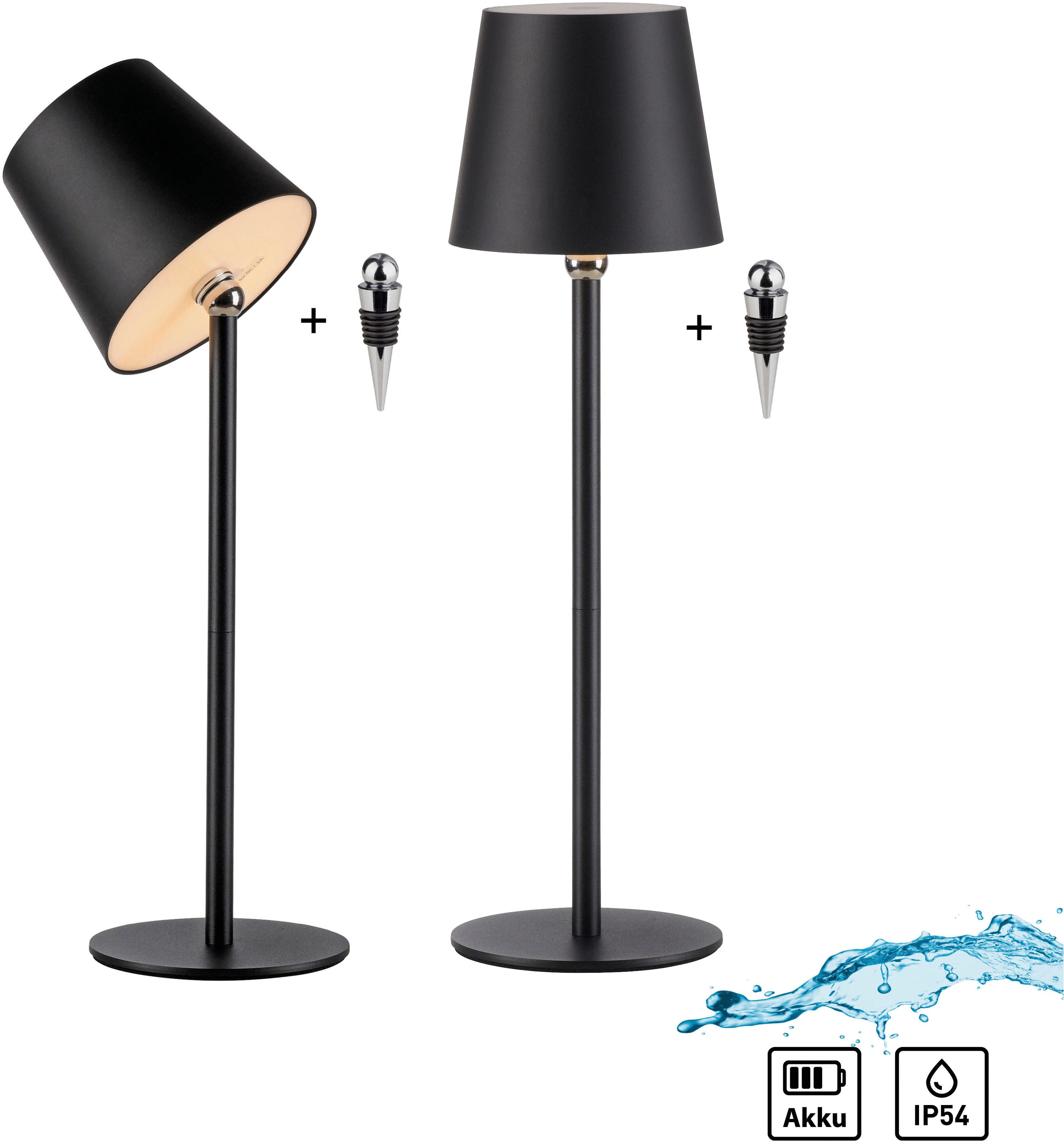 JUST LIGHT LED Tischleuchte BOTERIA - Set 2 Stück, inkl. Flaschenaufsatz, Memoryfunktion, LED fest integriert, Warmweiß, Akkubetrieben, aufladbar, magnetisch, dimmbar, In- und Outdoor