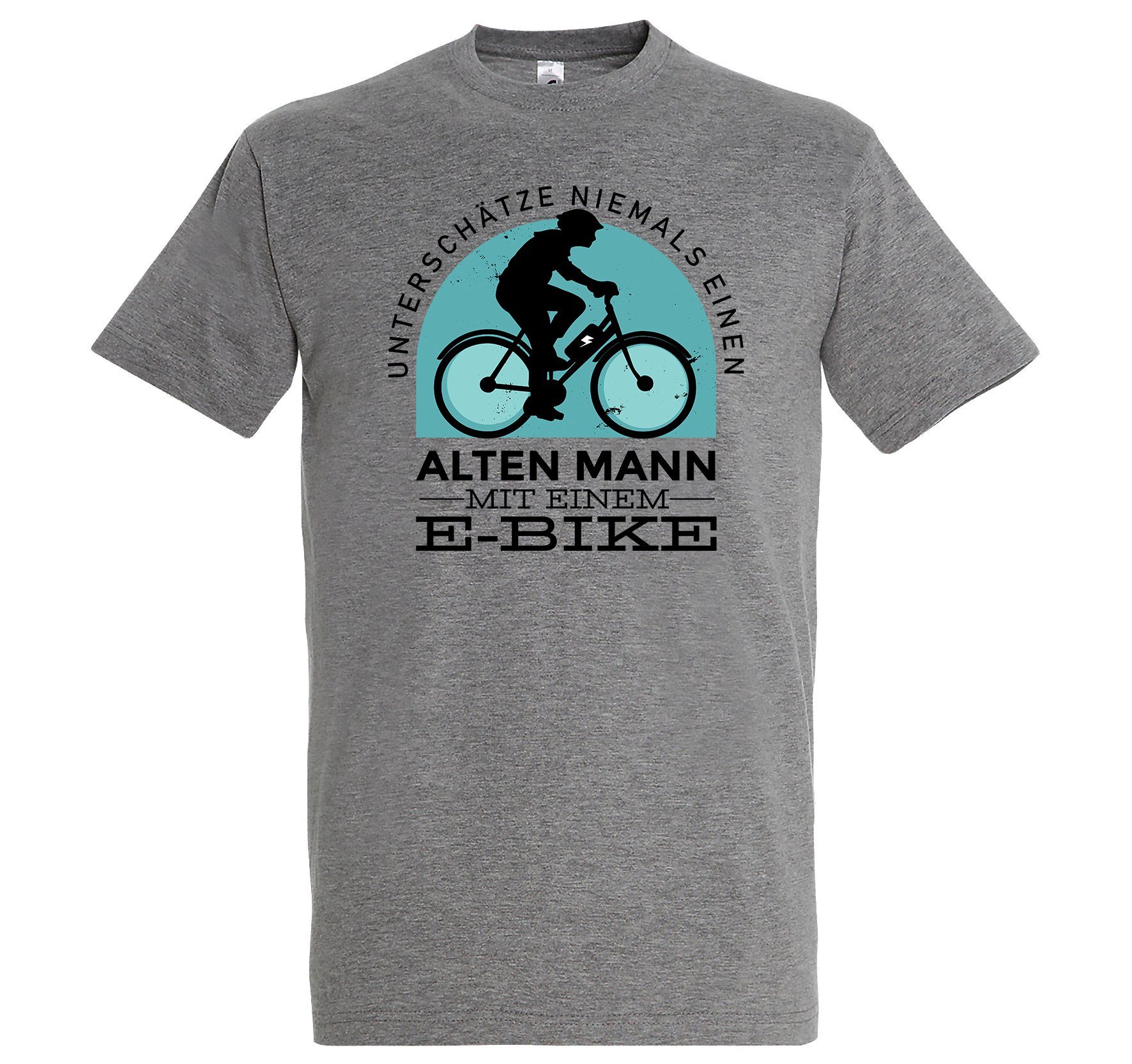 Youth Designz T-Shirt Alter Mann mit E-Bike Herren Shirt mit lustigem Fahrrad Frontprint Grau