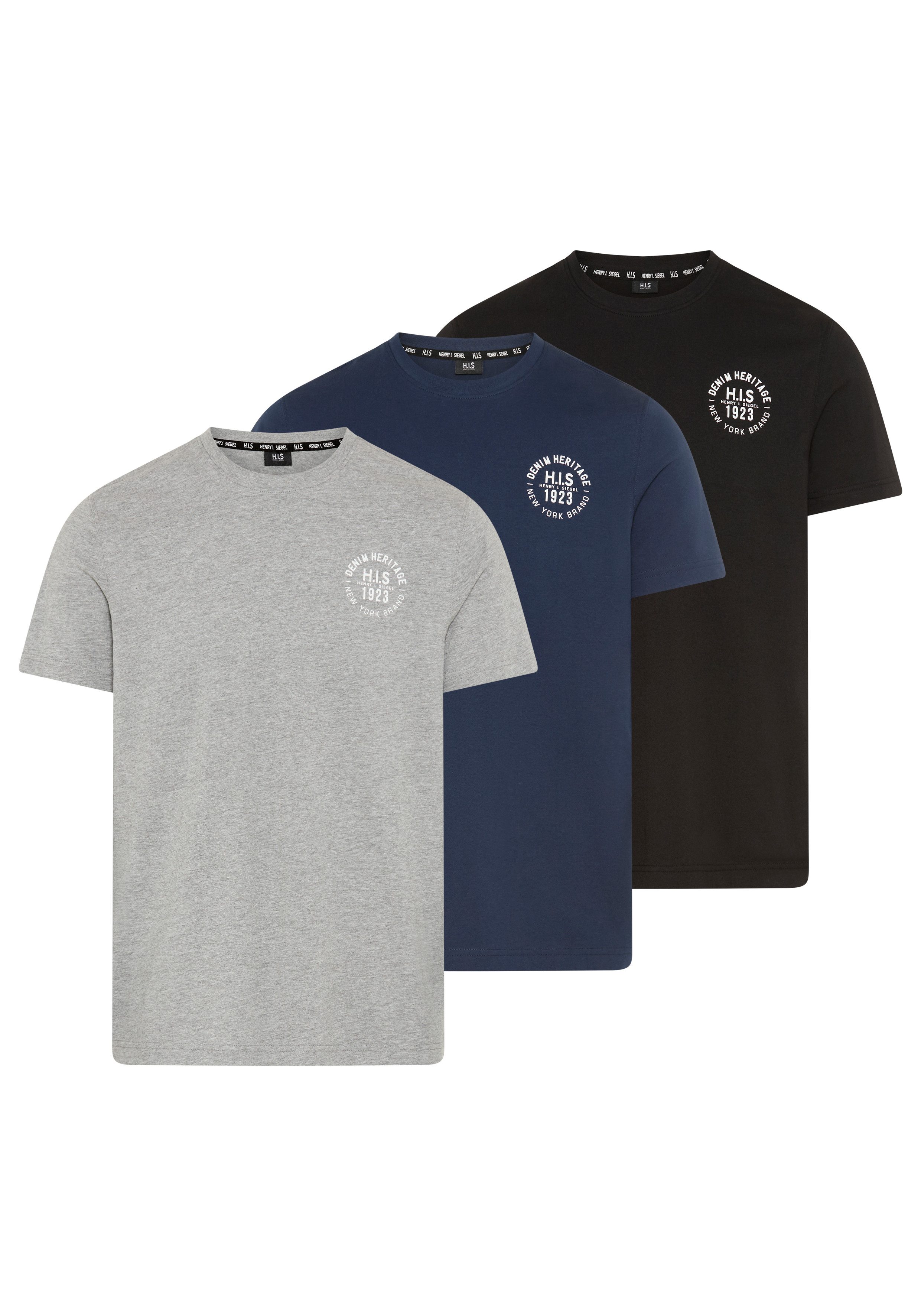 H.I.S T-Shirt (Packung, 3-tlg., 3er-Pack) schmal geschnitten, bedrucktes Design, aus 100% Baumwolle