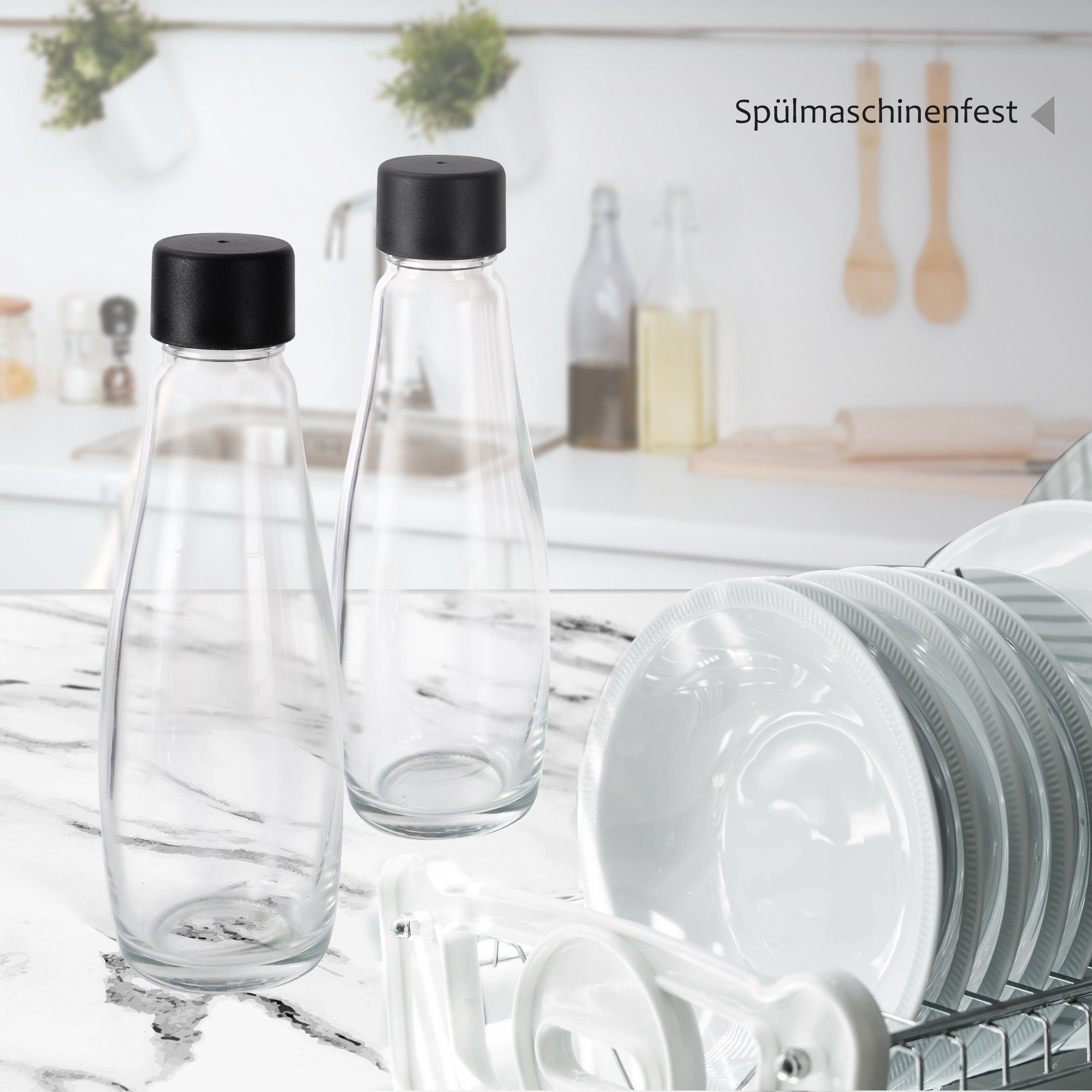 Flasche Wassersprudler Wassersprudler, 2 2 Glasflaschen ca. (set, 0,6Liter Set, schickes Glaskaraffendesign, Glasflasche oder Sprudler-Flaschen x 2er 3 für stabil Volumen,1, Glasflasche), Zoomyo im Ersatz