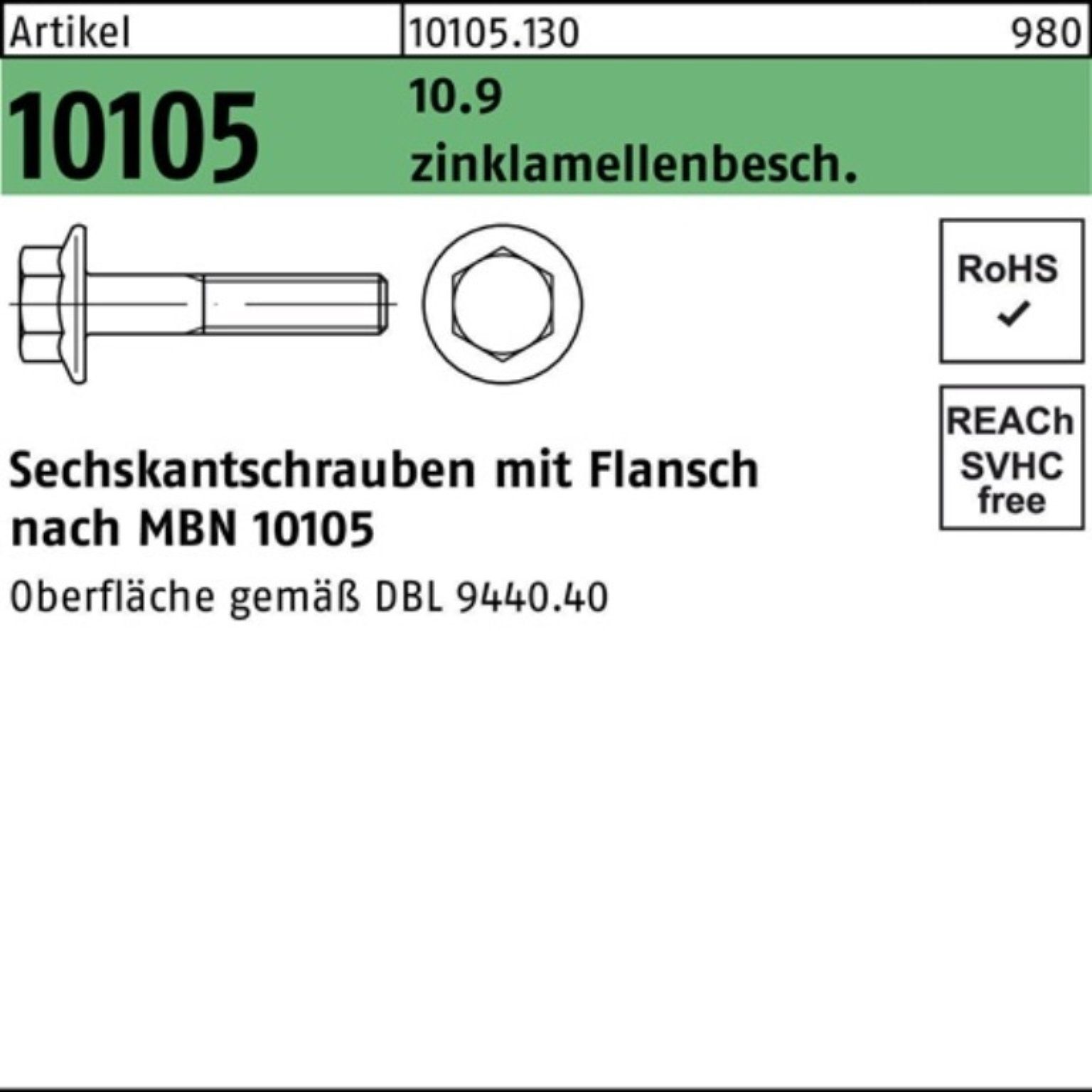 Reyher Schraube 100er Pack Sechskantflanschschraube R 10105 M12x 1,5x 140 10.9 flZnnc- | Schrauben