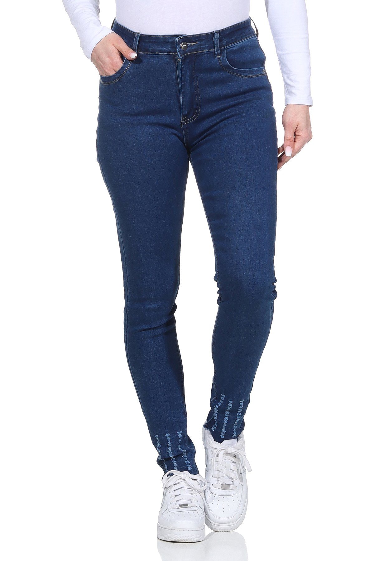 Aurela Damenmode 5-Pocket-Jeans Jeanshosen für Damen Stretch Jeans Destroyed Look moderner Distressed Look Dunkelblau