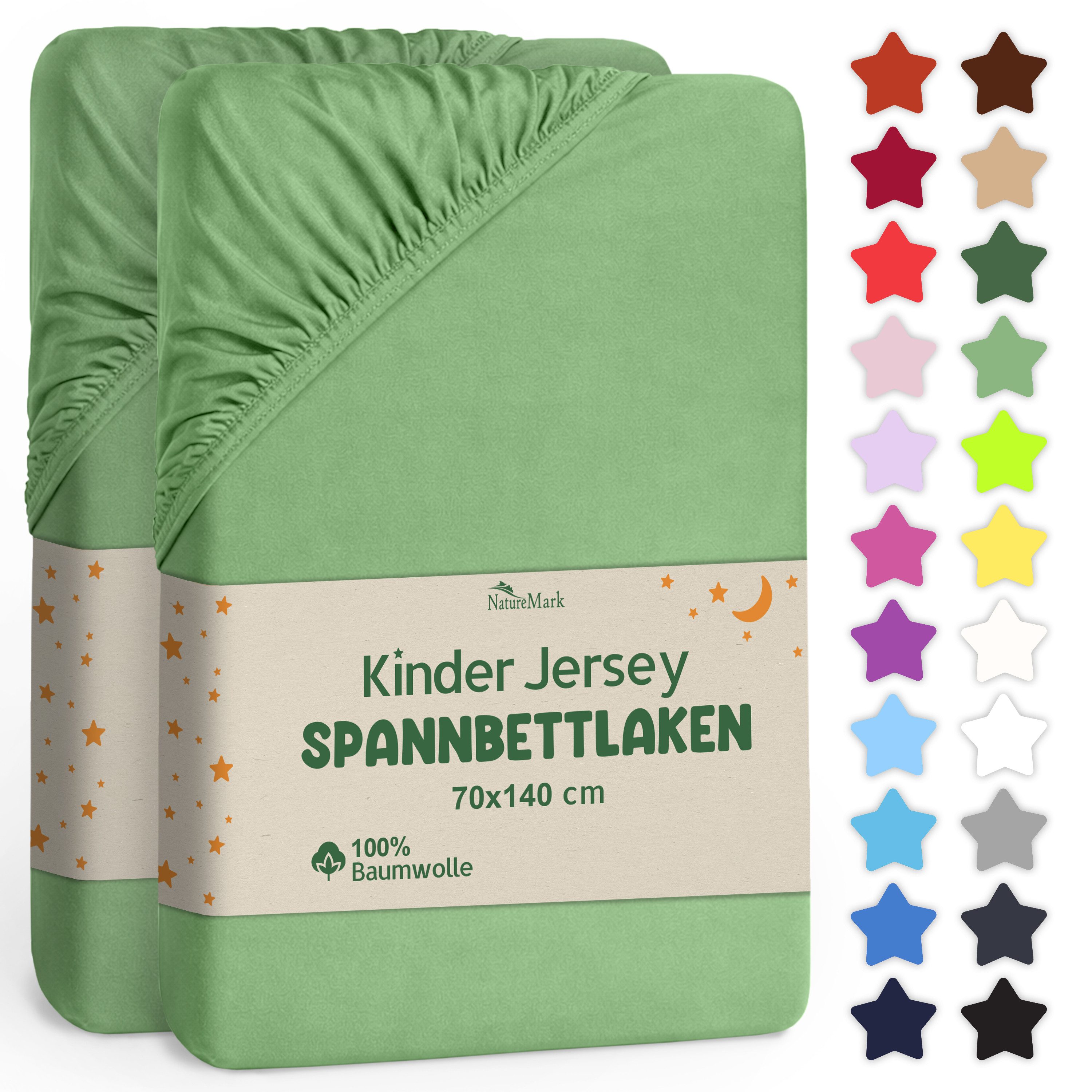 NatureMark Spannbettlaken Jersey Spannbetttuch, 100% Baumwolle, Gummizug: rundum, (2 Stück), Kinder Spannbetttuch, für Baby-/Kinderbett, 70x140 cm, Jade