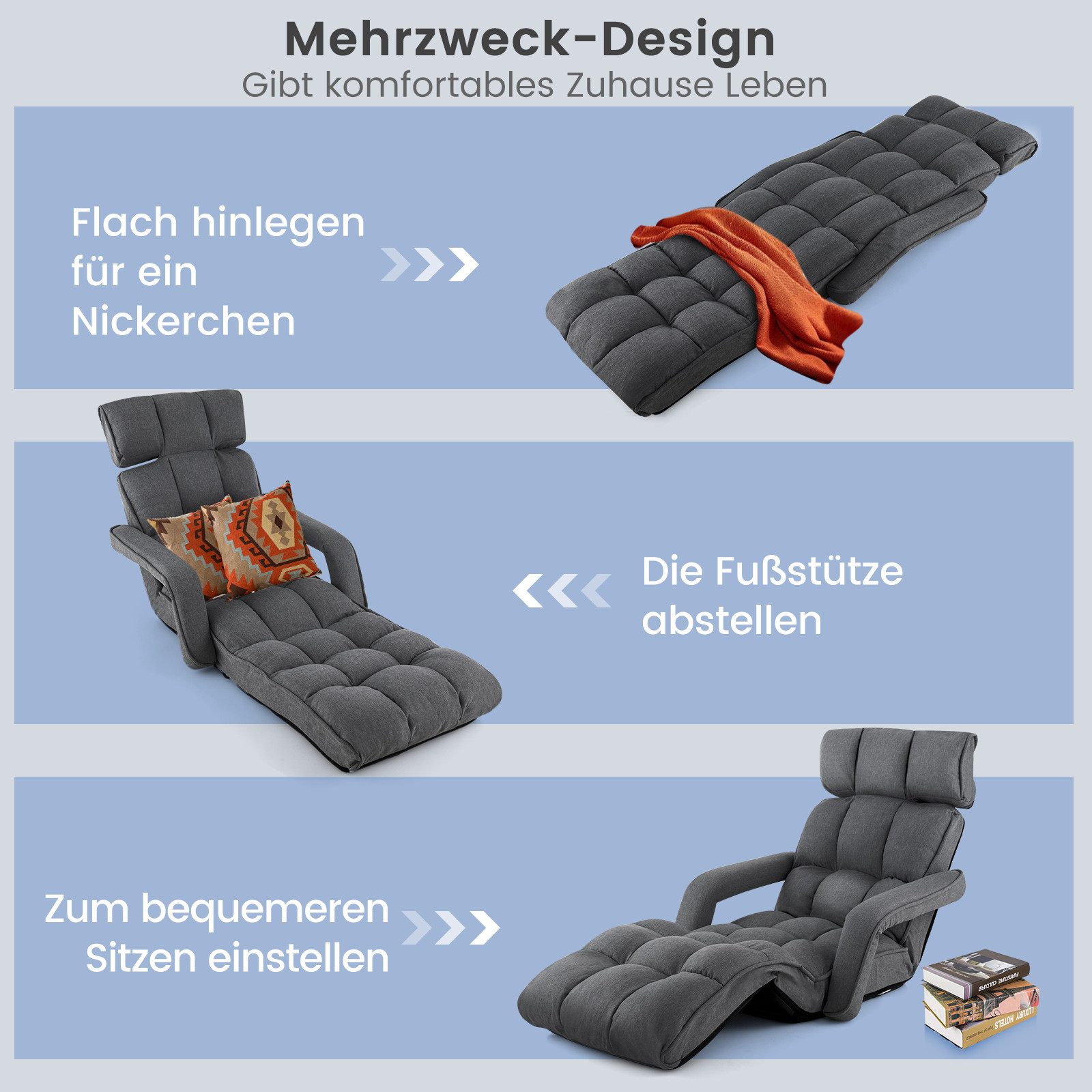 COSTWAY Relaxliege, 6-Fach einstellbar,mit Armlehne,gepolstert,klappbar