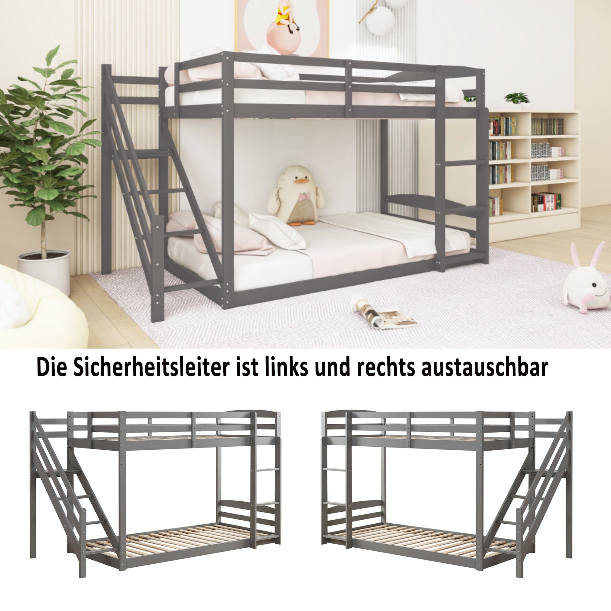 Tagesbett ohne Lattenrost), Etagenbett und Kinderbett Gästebett Massivholz-Etagenbett Holzbett Sicherheitstreppen mit Matratze links REDOM 90*200cm grau rechts, (mit zwei