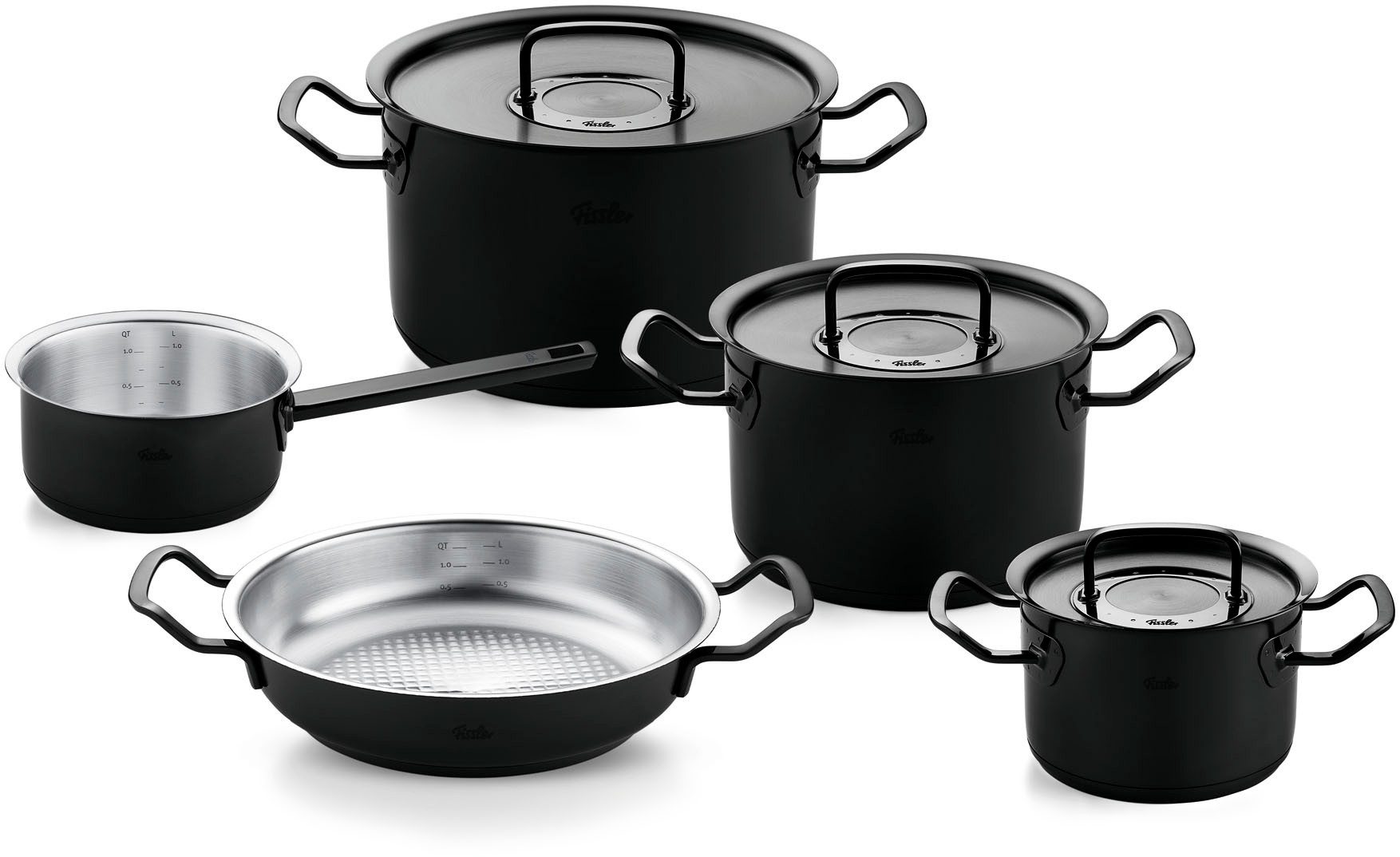 Fissler Topf-Set Original-Profi Collection ShadowLine, Edelstahl 18/10 (Set, 8-tlg., 3 Kochtöpfe mit Metalldeckel, 1 Servierpfanne, 1 Stielkasserolle), Auf 1.800 Stück limitiert, Echtheitszertifikat, Made in Germany