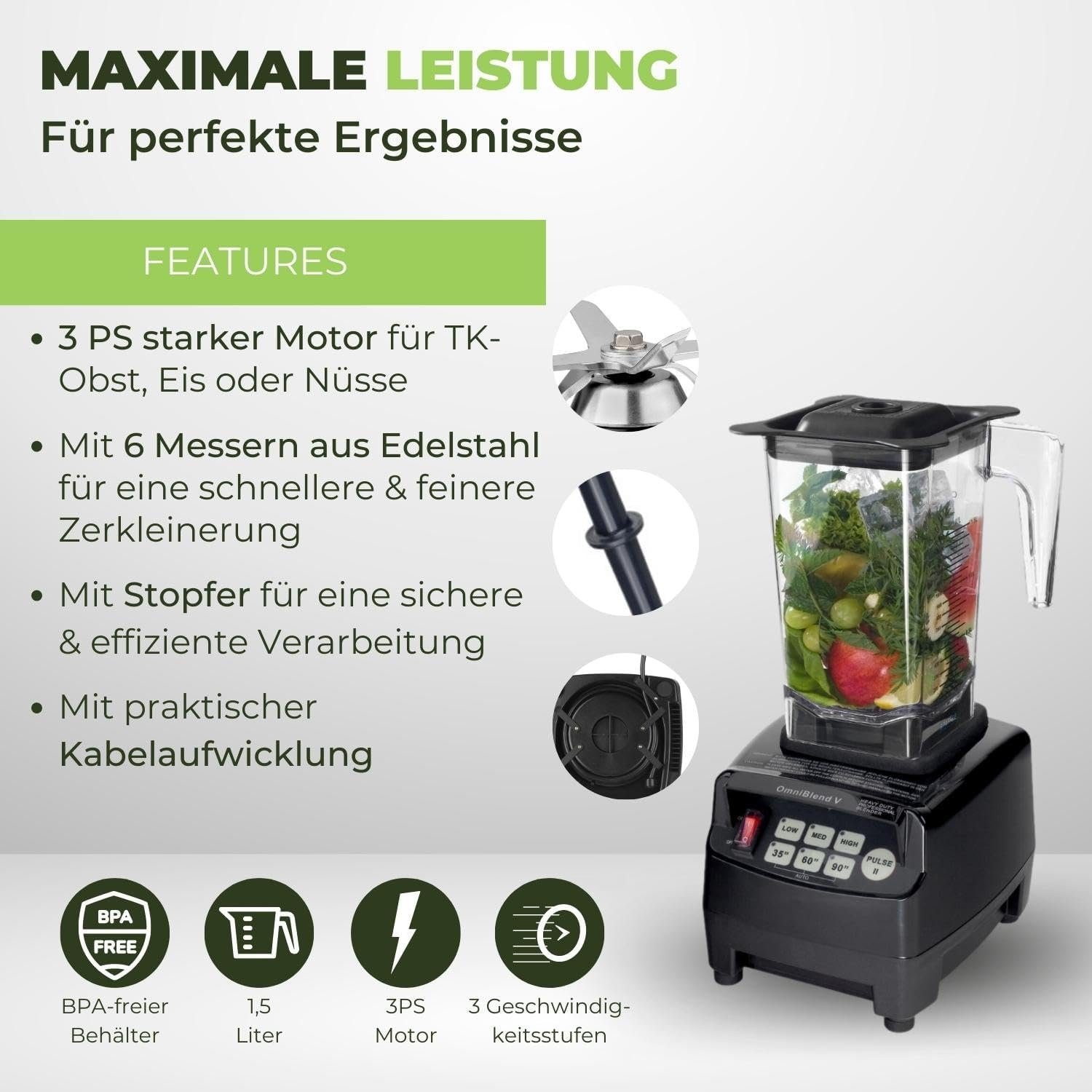 OmniBlend Standmixer JTC Omniblend V Hochleistungsmixer Standmixer Smoothiemaker 1,5Liter, 1200,00 W