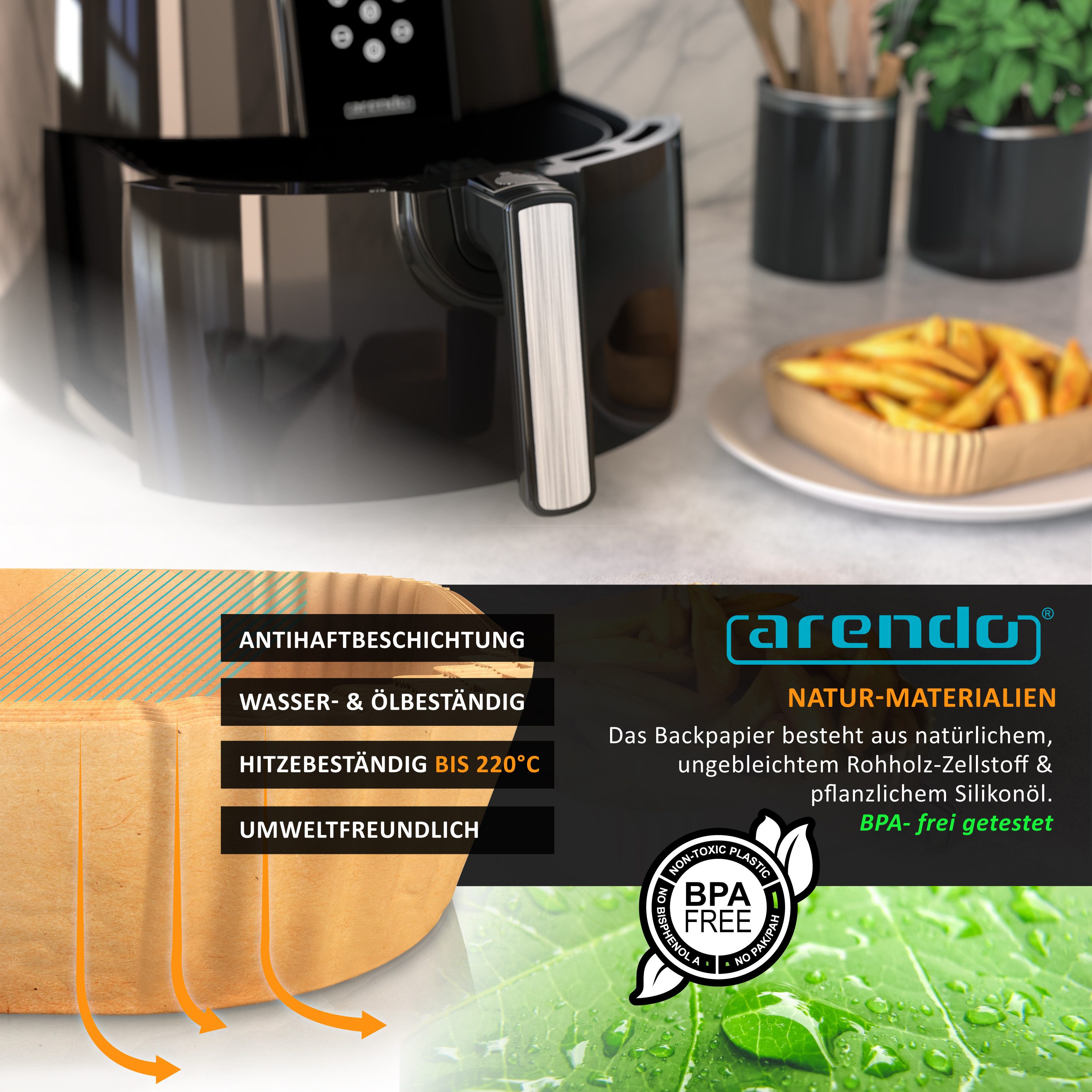 Arendo Backpapier für Heißluftfritteuse 4,5 - 7,5 L, 100 St., 20 x 20 x 4,5 cm, Antihaft, ungebleicht, wasser- und ölbeständig, für Airfryer, Ofen, Mikrowelle – Bild 4 von 5