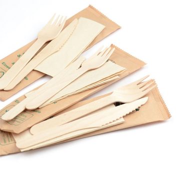 Einweggeschirr-Set 100 Stück Bestecksets aus Holz (Messer, Gabel, Serviette), in Papierbeutel, einzeln verpackt Holzbesteck Set Papierserviette