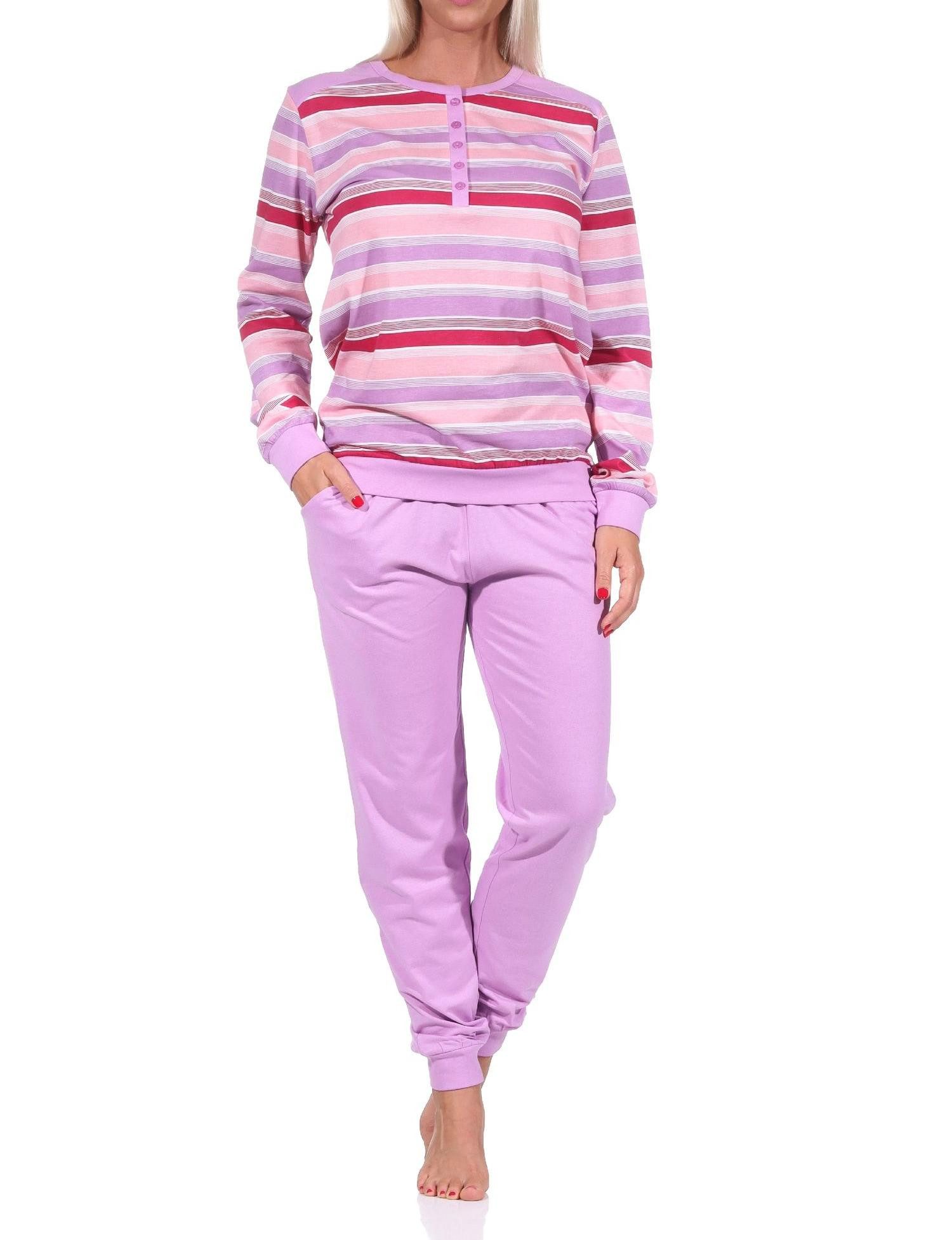 Pyjama Damen Schlafanzug mit Bündchen, geringeltes Top - auch in Übergröße