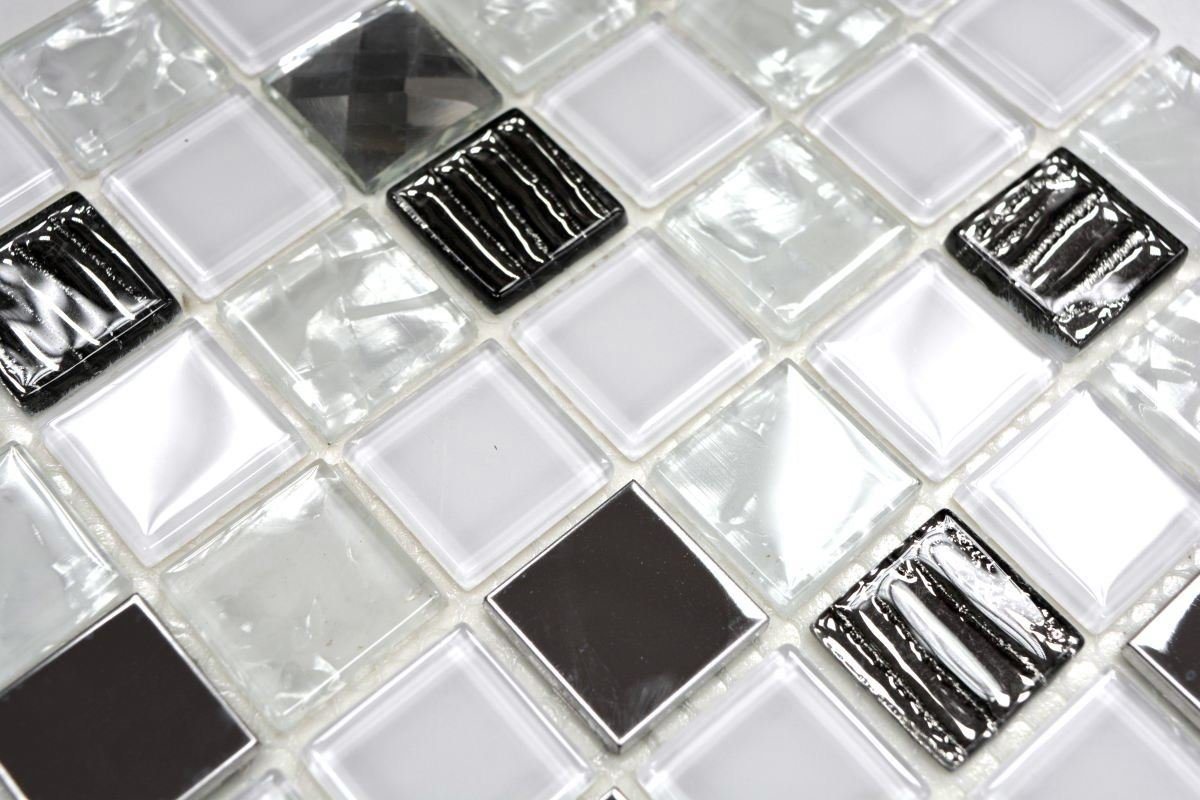 Thumbnail - Mosani Wandfliese 10x Selbstklebende Mosaikfliesen DIY, Edelstahl, Glas 30x30, Weiß, Silber, Set, Dekorative Wandverklei...