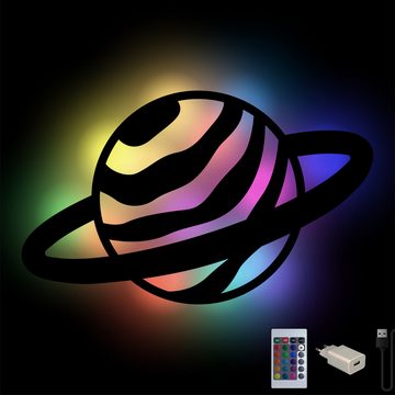 Namofactur LED Nachtlicht Farbwechsel Planet Nachtlicht aus Holz, WandLampe, LED fest integriert, Farbwechsler