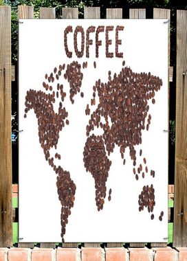 Wallario Sichtschutzzaunmatten Weltkarte mit Schriftzug aus Kaffeebohnen