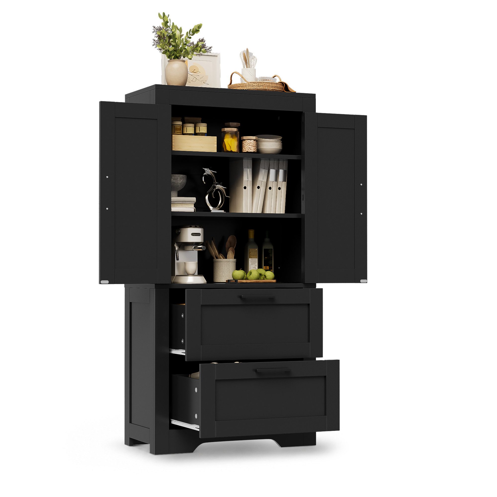 Yorbay Mehrzweckschrank Küchenschrank mit 2 Schubladen & verstellbaren Böden (60x30x128 cm,Landhausstil mit Metallscharnieren) Vielseitiger Aufbewahrungsschrank für Küche, Esszimmer & Wohnzimmer