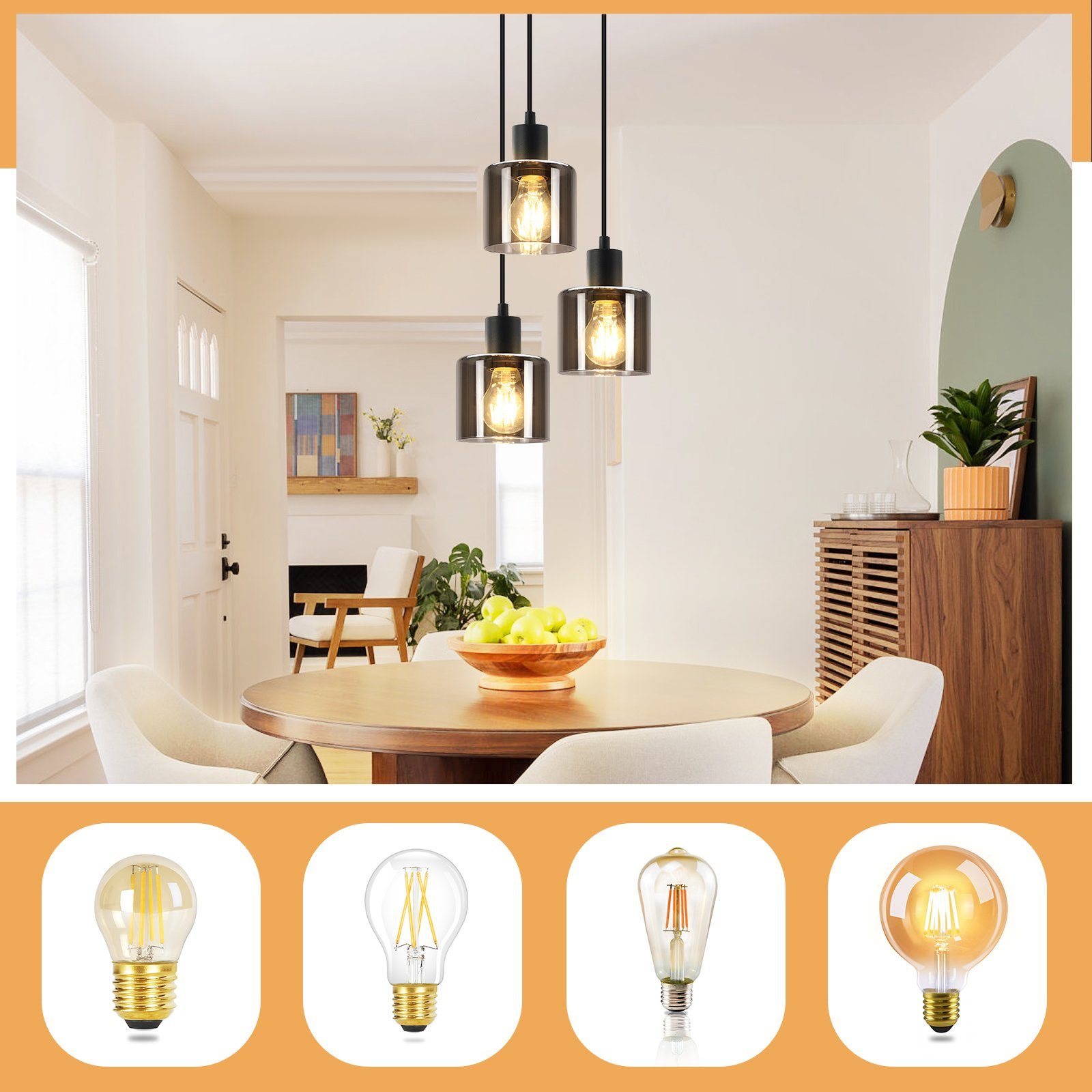 Nettlife Pendelleuchte Schwarz Vintage E27 Glas Esstisch 1/3 Flammig Wohnzi günstig online kaufen