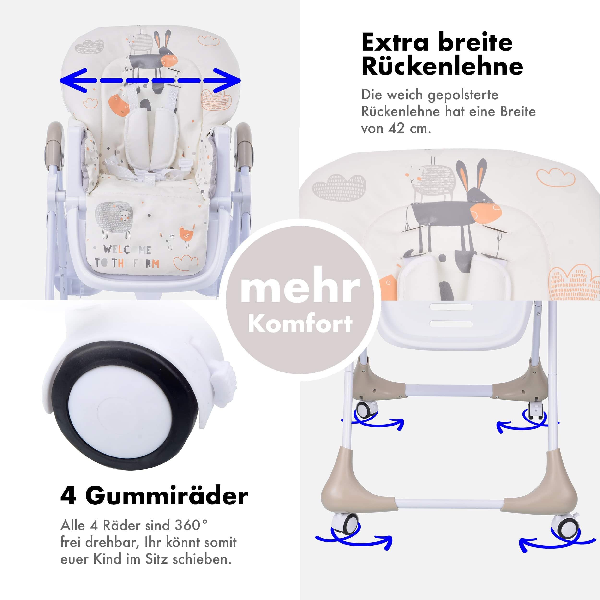 Daliya® Hochstuhl SITONMI 3in1 Kinderhochstuhl & Babyliege, extra breite Rückenlehne (Set, 7 St), Babyliege, 0-4 Jahre, breite Rückenlehne, Tablett, Korb, Platzsparend