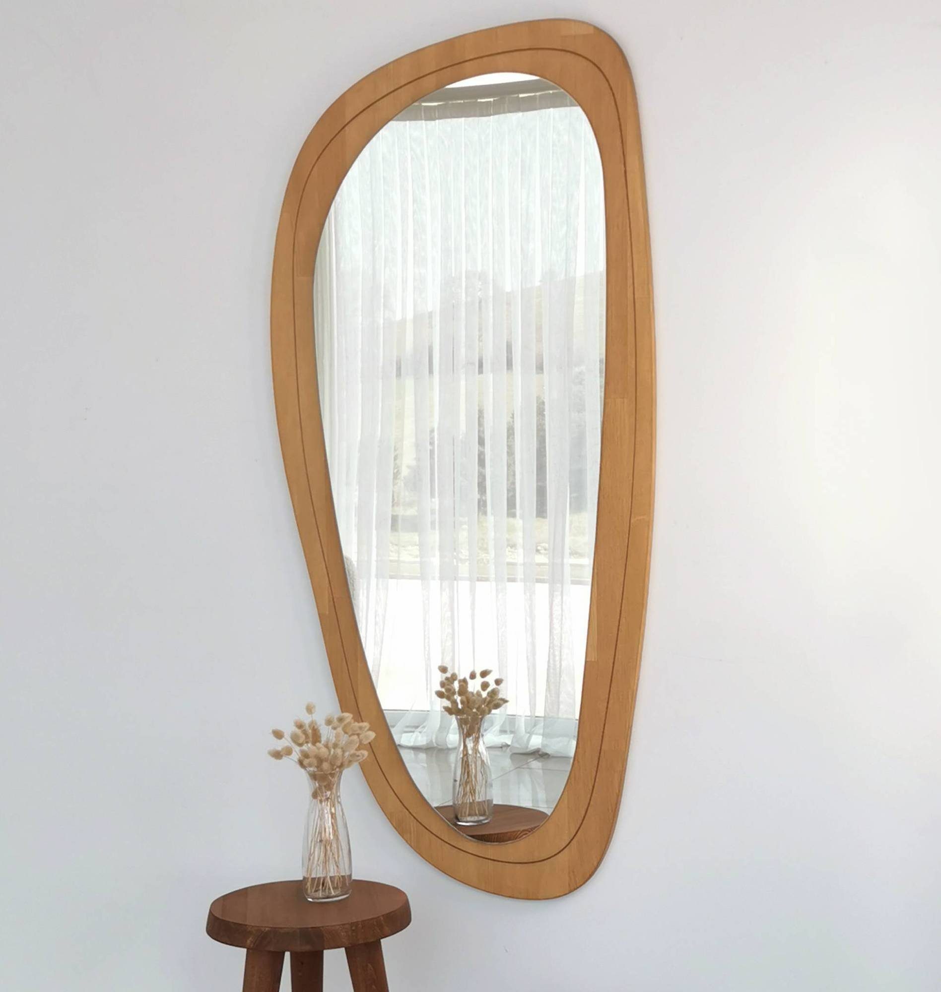 Gozos Spiegel Wandspiegel mit hölzerner Unterseite l Asymmetrischer Spiegel (120 x 57 cm), Mirror Spiegel gerahmt zum Aufhängen