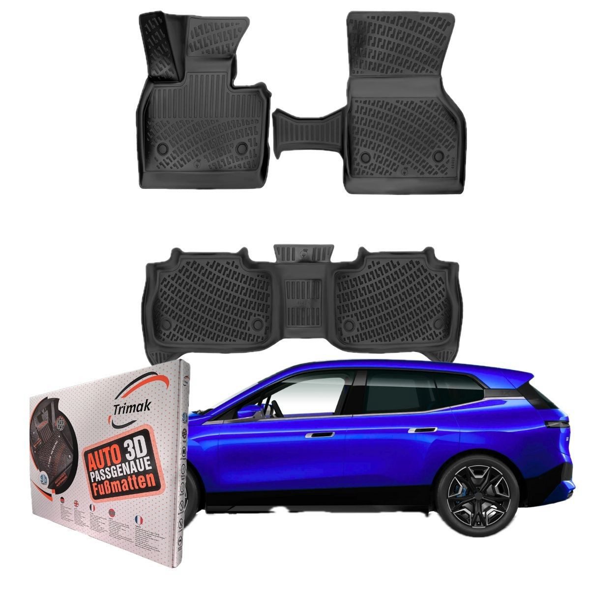Trimak Passform-Fußmatten Oder Kofferraumwanne Oder Set kompatibel mit BMW iX, BMW iX ab 2022 Gummimatten Auto TPE Allwetter Fussmatten