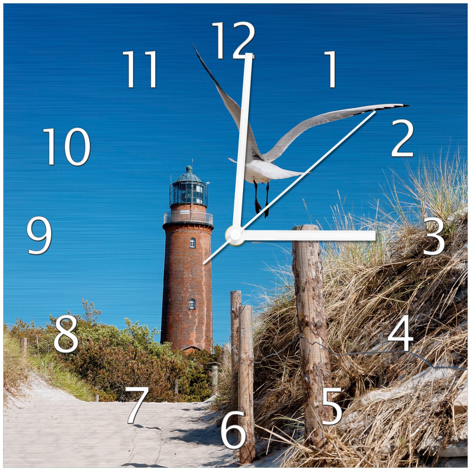 Wallario Wanduhr Möwe am Strand mit Leuchtturm (Aluverbunduhr)