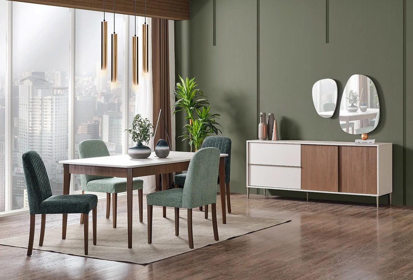 Xlmoebel Esszimmer-Set Esszimmer Set mit Esstisch, 4 Stühlen, Sideboard und 2 Spiegeln, (7-St., 7-tlg)
