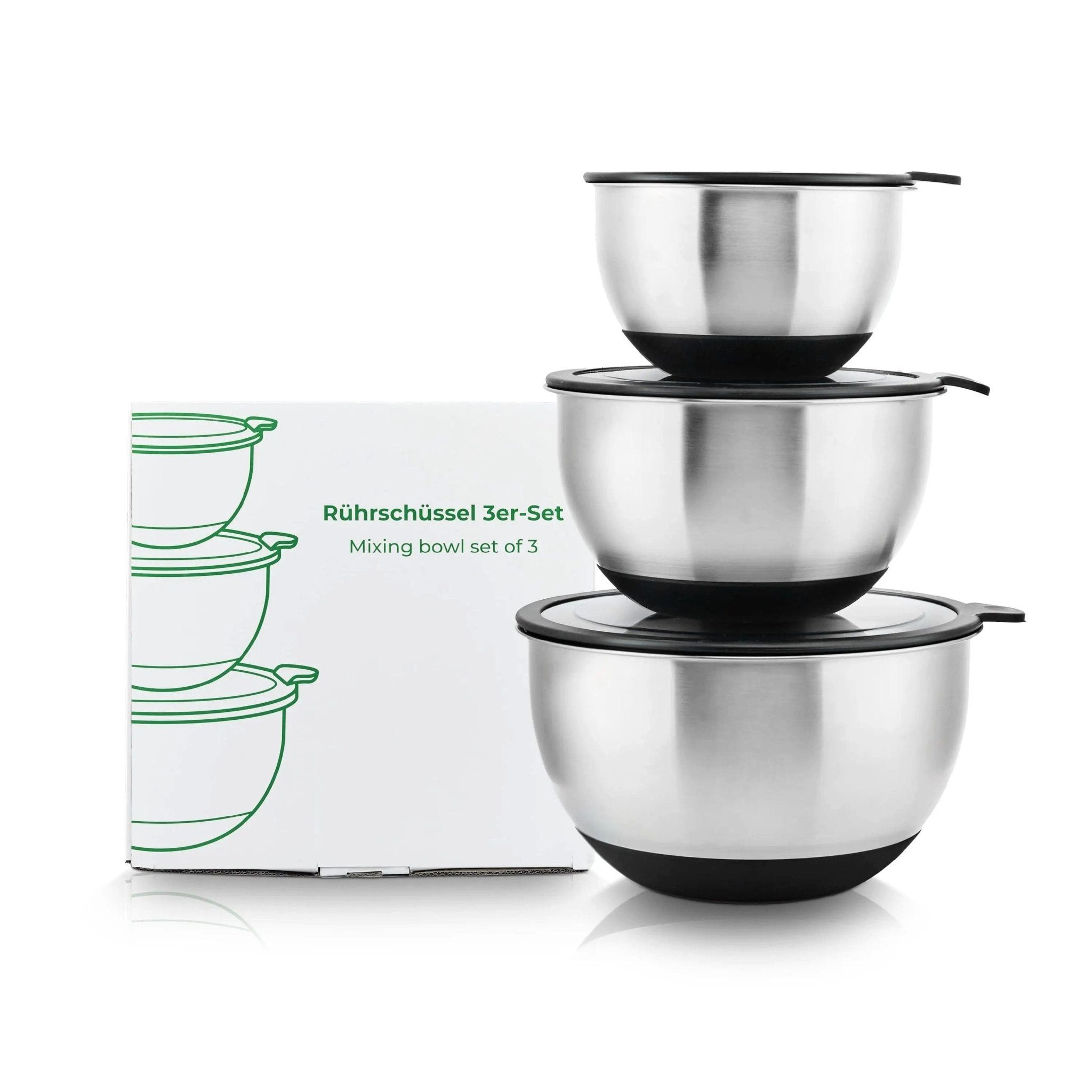 Wundermix Rührschüssel Edelstahl Rührschüssel 3er-Set mit Deckel, 1,5 L + 3 L + 5 L / Perfekt stapelbar