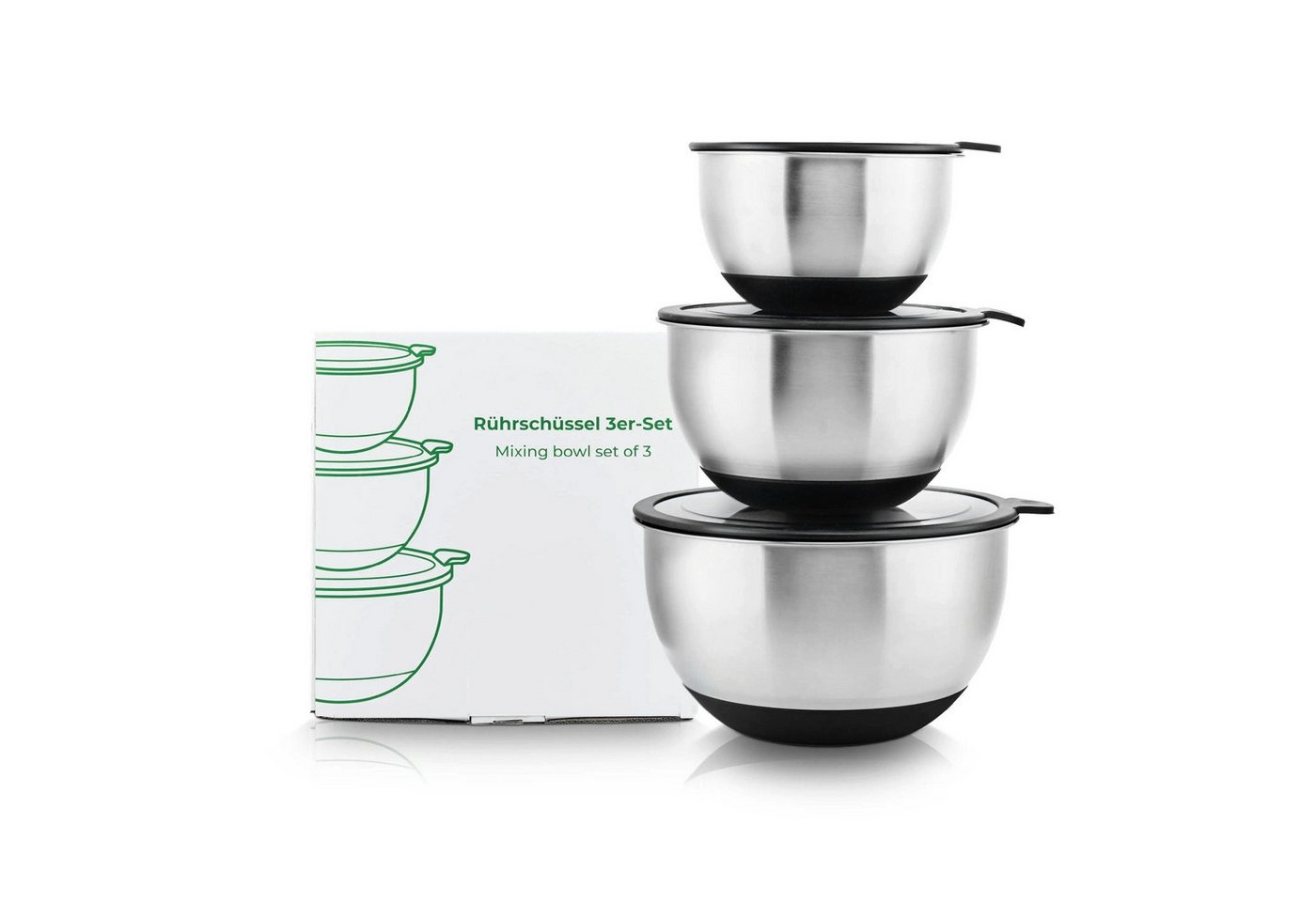 Wundermix Rührschüssel Edelstahl Rührschüssel 3er-Set mit Deckel, 1,5 L + 3 L + 5 L / Perfekt stapelbar