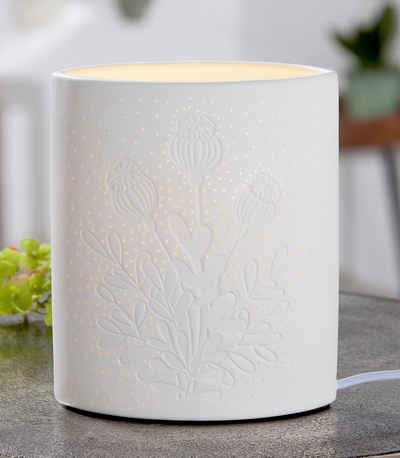 GILDE Tischleuchte »Porzellan Leuchte Farbe weiß Mohnblume Form Ellipse Höhe 20cm«, ohne Leuchtmittel, Warmweiß, Tischleuchte