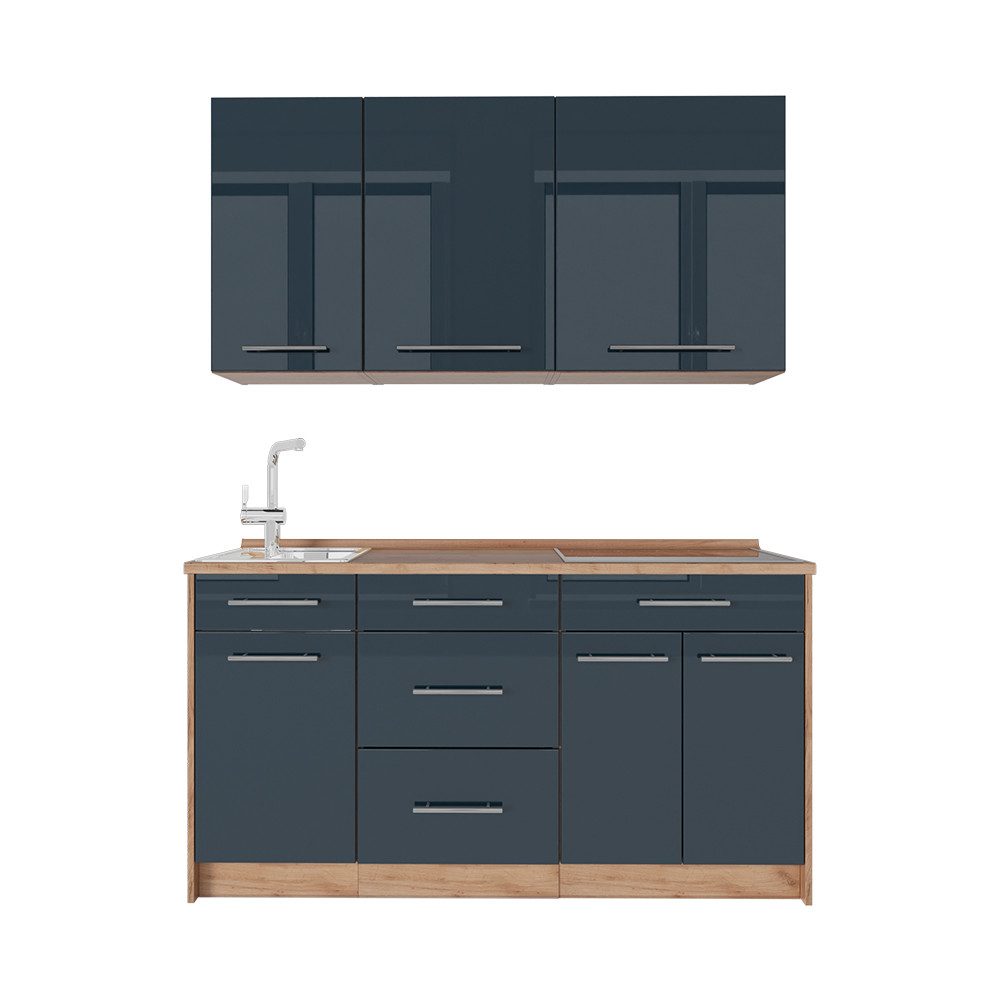 Vicco Küchenzeile Fame-Line, Dunkelblau Hochglanz/Goldkraft Eiche, 150 cm, AP Eiche