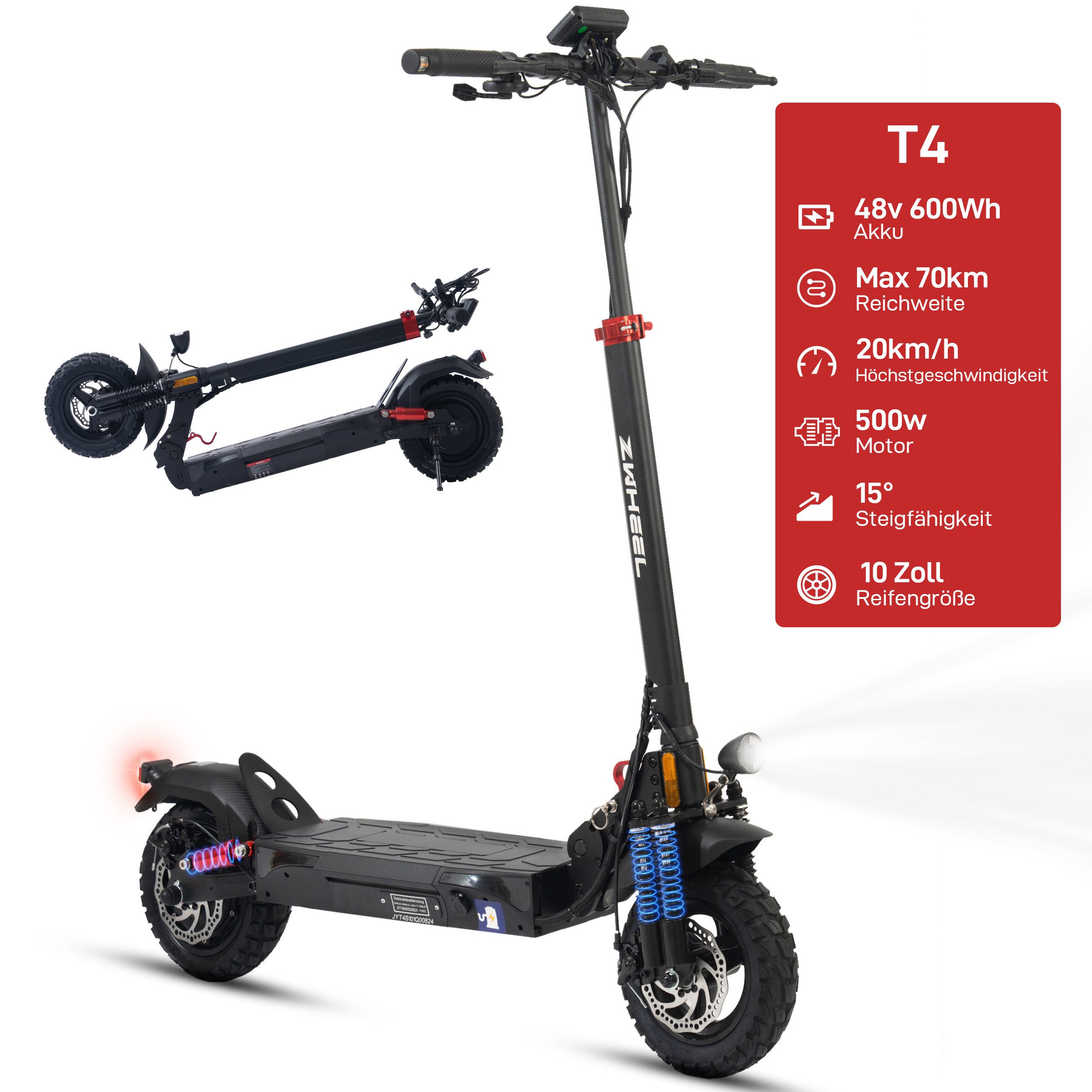 ZWHEEL E-Scooter mit Straßenzulassung 10 Zoll, 600Wh E-roller, max. 70km, klappbar, 500 W, 20 km/h, (höhenverstellbar, Doppelscheibenbremsen, bis zu 120kg), 4 Stoßdämpfer, Elektroroller mit Blinker, Offroad-Luftreifen