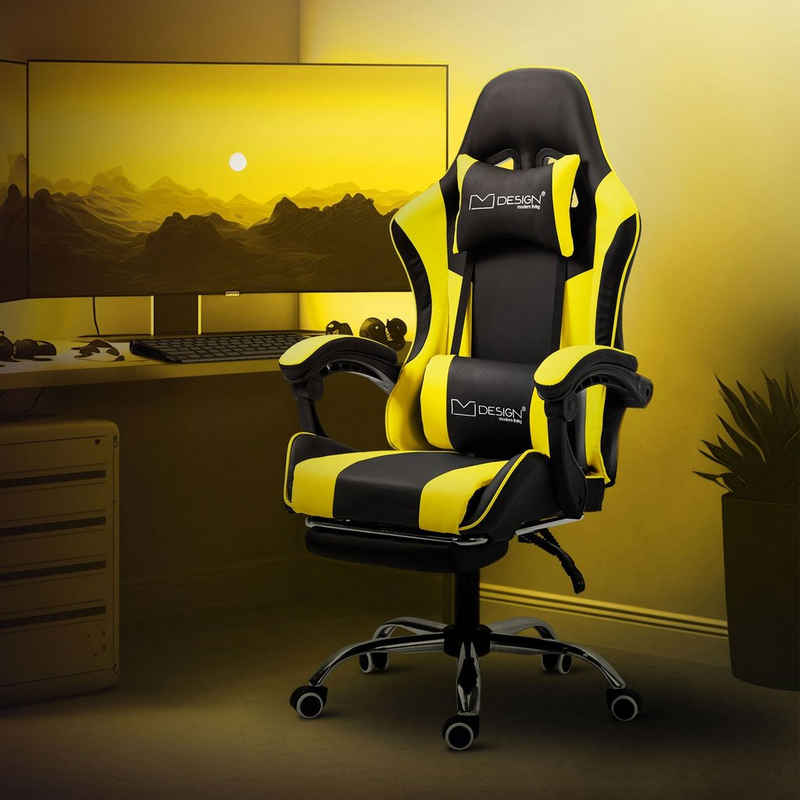 ML-DESIGN Gaming-Stuhl Massage Bürostuhl mit Armlehne Verstellbar Ergonomischer Stuhl, Schreibtischstuhl Schwarz-Gelb PU-Leder mit Kopfstütze 62x62x128cm
