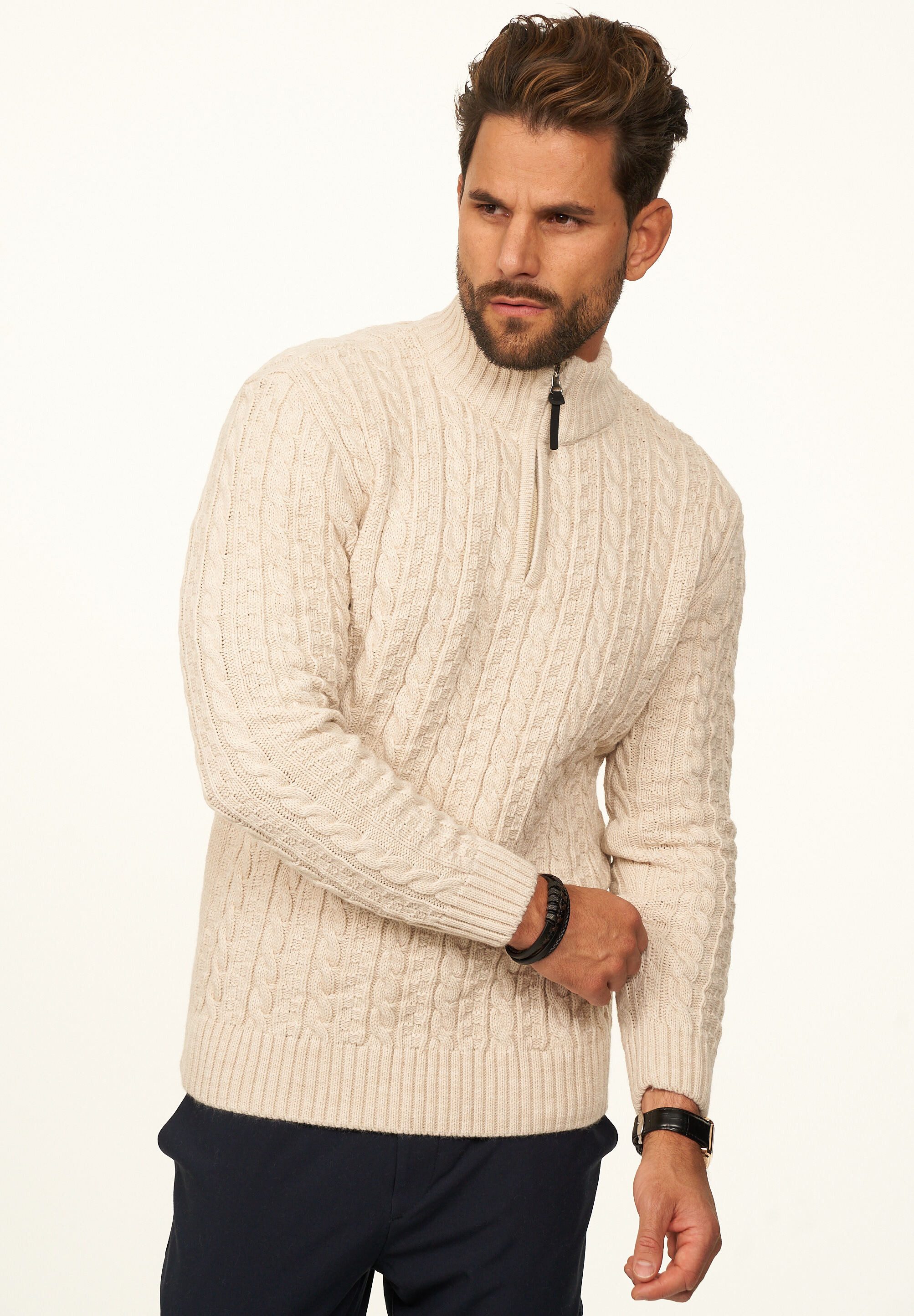 DAILY COTTON Strickpullover als Grobstrick Troyer Pulli mit Zopfmuster für Herren Männer Winterpullover Half-Zip im Regular-Fit