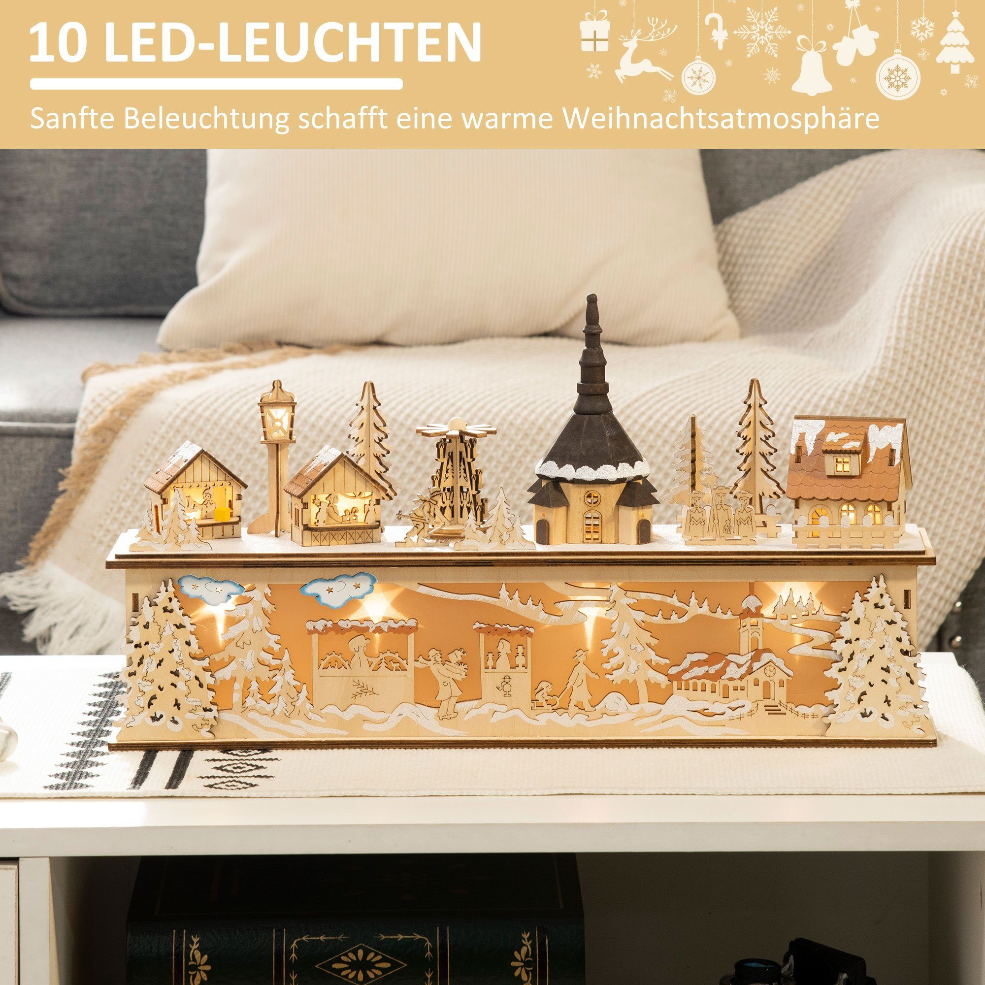 HOMCOM Weihnachtsdorf Weihnachtsdeko, Weihnachtsdorf, 10 LEDs, Holz, 45 x 10 x 25cm, Kirche mit integrierter LED-Beleuchtung, Höhe 25 cm