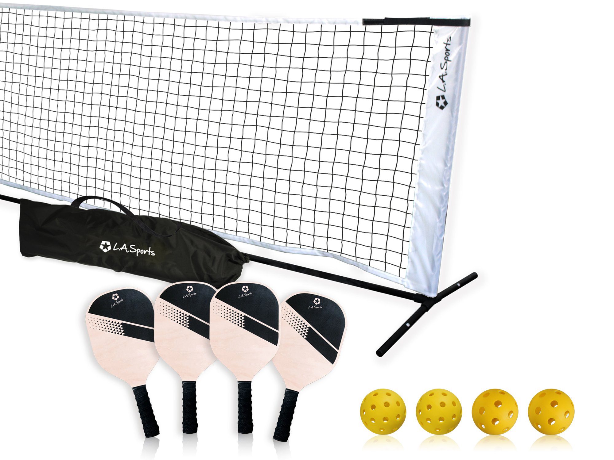 L.A. Sports Tennisnetz Pickle-Ball mobiles Spiele-Netz mit Zubehör (Komplett-Set, 1-St., Netzgarnitur 320 cm - 4 x Schläger - je 2 Indoor und Outdoor-Bälle mit Tragetasche), faltbares Tennisnetz- für jedes Alter Kinder & Erwachsene